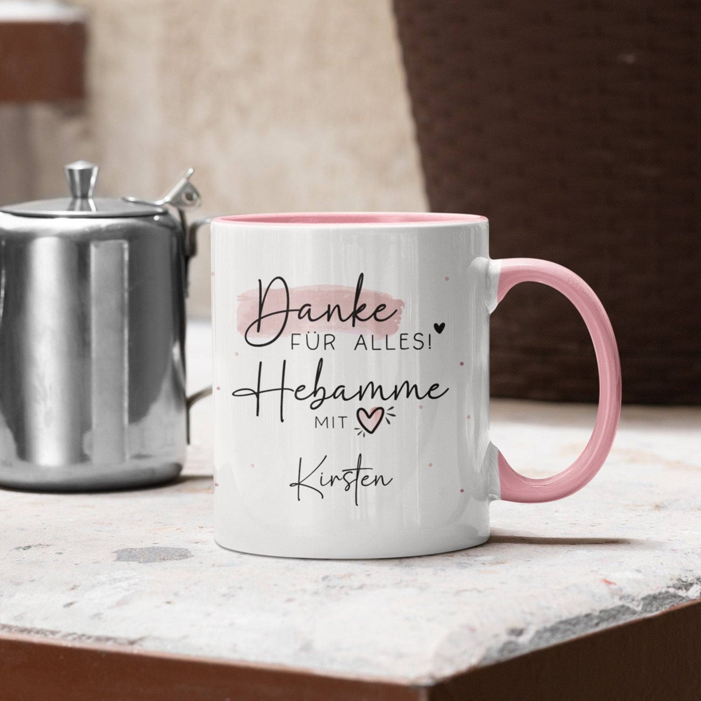Personalisierte Tasse Hebamme mit Herz - Geschenkidee mit Wunschnamen - Danke für Alles! Geschenk - Hebamme Dankeschön - Schwangerschaft kleinebuchstaben