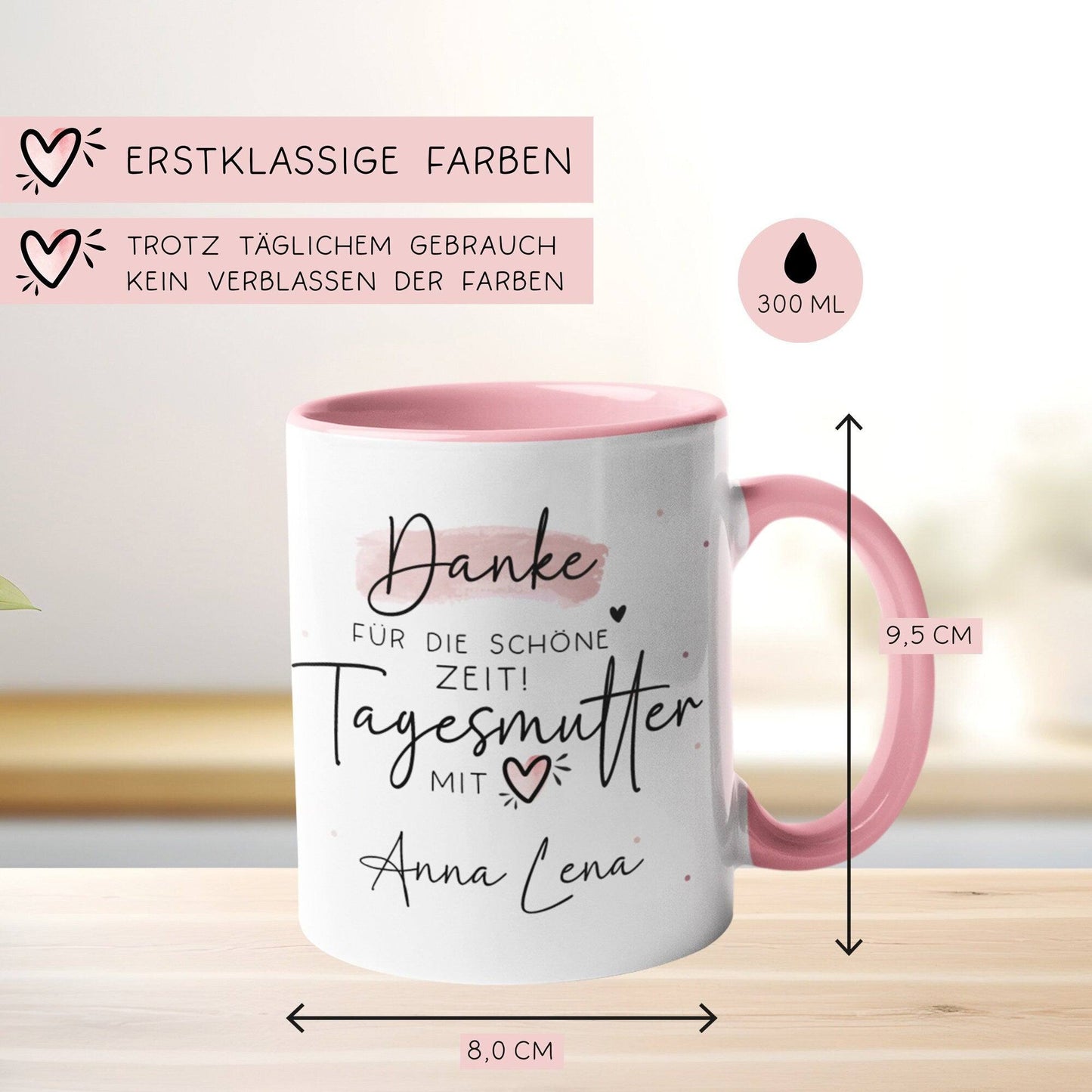 Tagesmutter Tasse Personalisiert Name Wunschname "Danke für die Schöne Zeit" Tagesmutter mit Herz - Geschenk zum Abschied, Kindergarten, KIGA, KITA, Erzieherin kleinebuchstaben