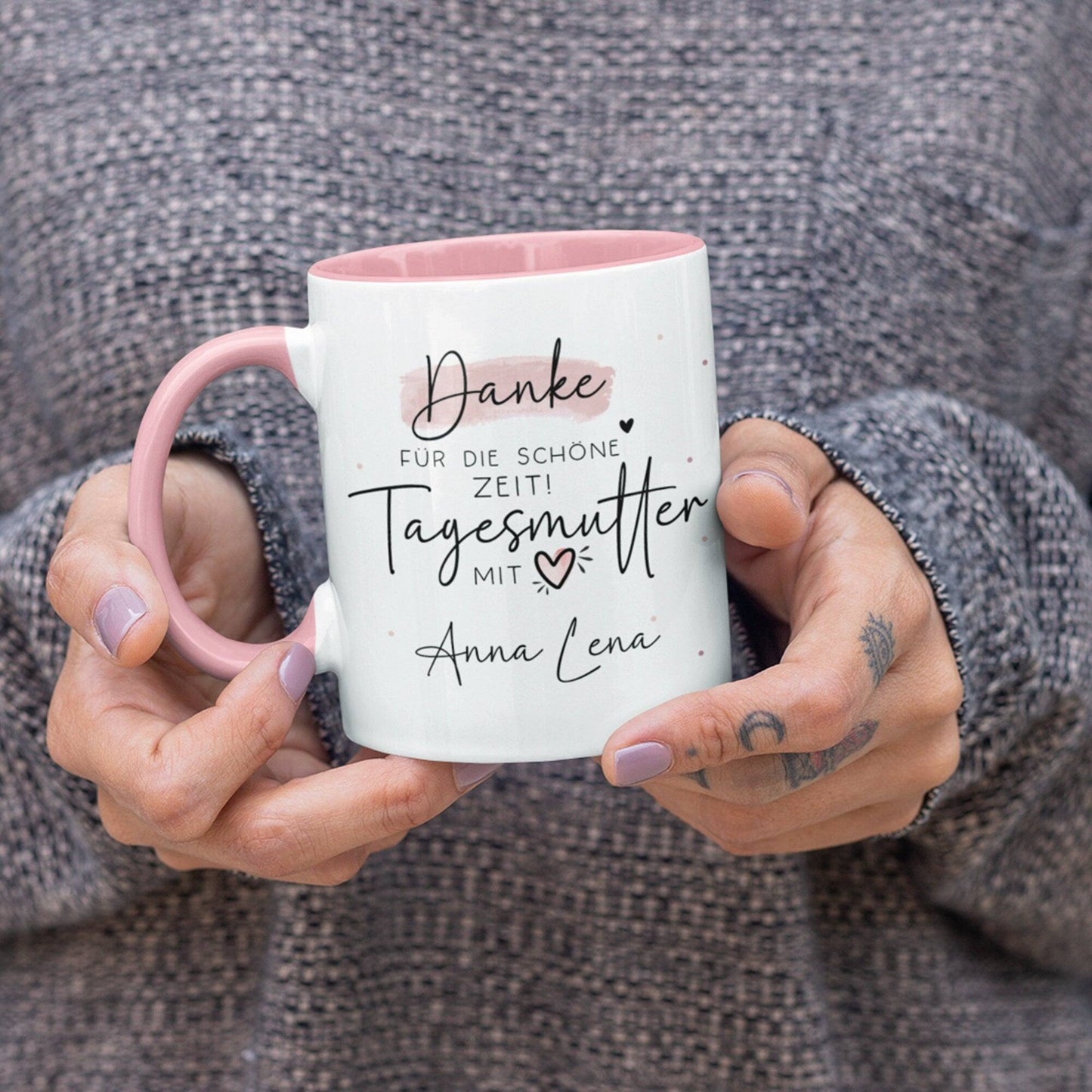 Tagesmutter Tasse Personalisiert Name Wunschname "Danke für die Schöne Zeit" Tagesmutter mit Herz - Geschenk zum Abschied, Kindergarten, KIGA, KITA, Erzieherin kleinebuchstaben