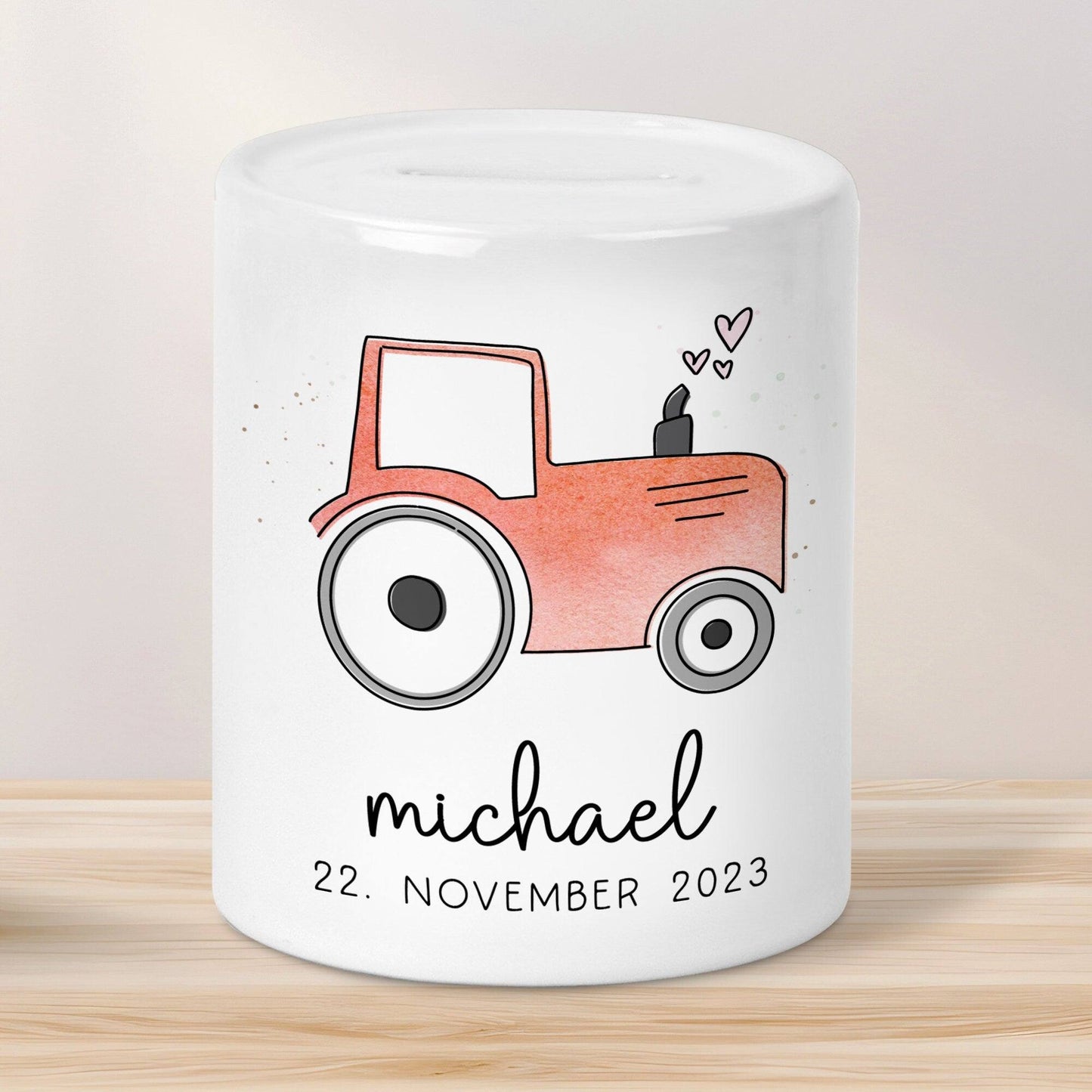 Personalisierte Spardose Trecker Traktor Rot mit Wunschname - Sparschwein -Geschenk-Geburtstag-Weihnachten-Geldgeschenk mit Wunschtext kleinebuchstaben