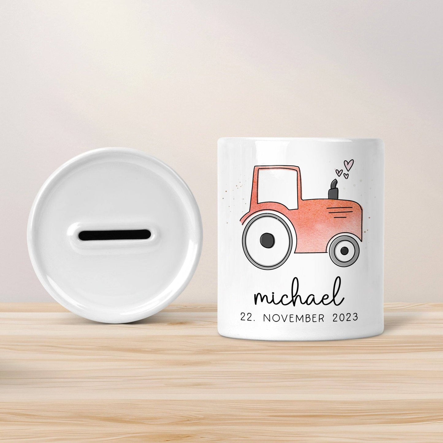 Personalisierte Spardose Trecker Traktor Rot mit Wunschname - Sparschwein -Geschenk-Geburtstag-Weihnachten-Geldgeschenk mit Wunschtext kleinebuchstaben