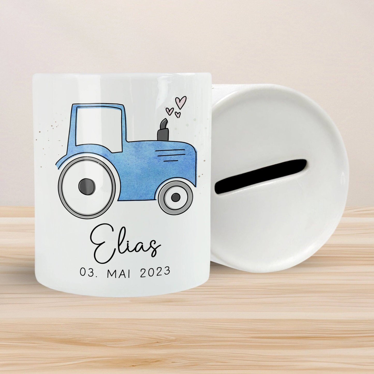Traktor Blau Personalisiert Spardose Trecker mit Wunschname - Sparschwein -Geschenk-Geburtstag-Weihnachten-Geldgeschenk mit Wunschtext kleinebuchstaben