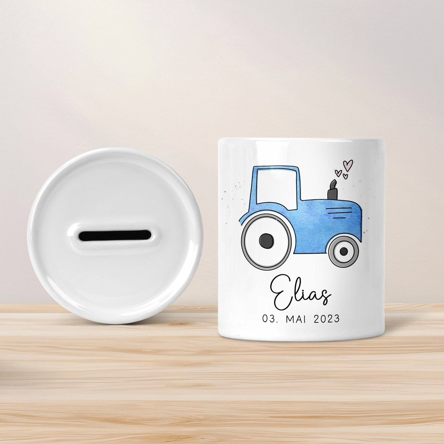 Traktor Blau Personalisiert Spardose Trecker mit Wunschname - Sparschwein -Geschenk-Geburtstag-Weihnachten-Geldgeschenk mit Wunschtext kleinebuchstaben