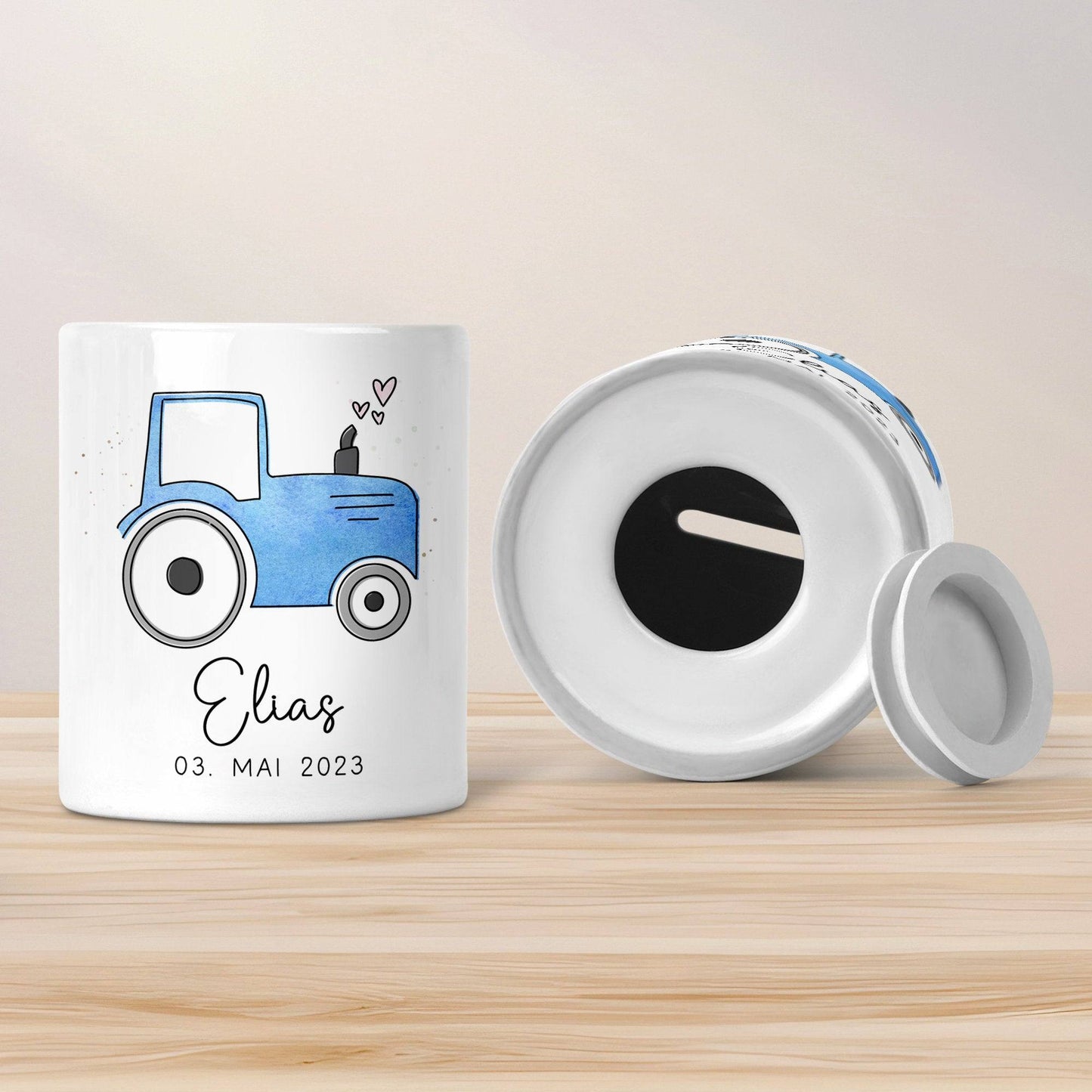 Traktor Blau Personalisiert Spardose Trecker mit Wunschname - Sparschwein -Geschenk-Geburtstag-Weihnachten-Geldgeschenk mit Wunschtext kleinebuchstaben