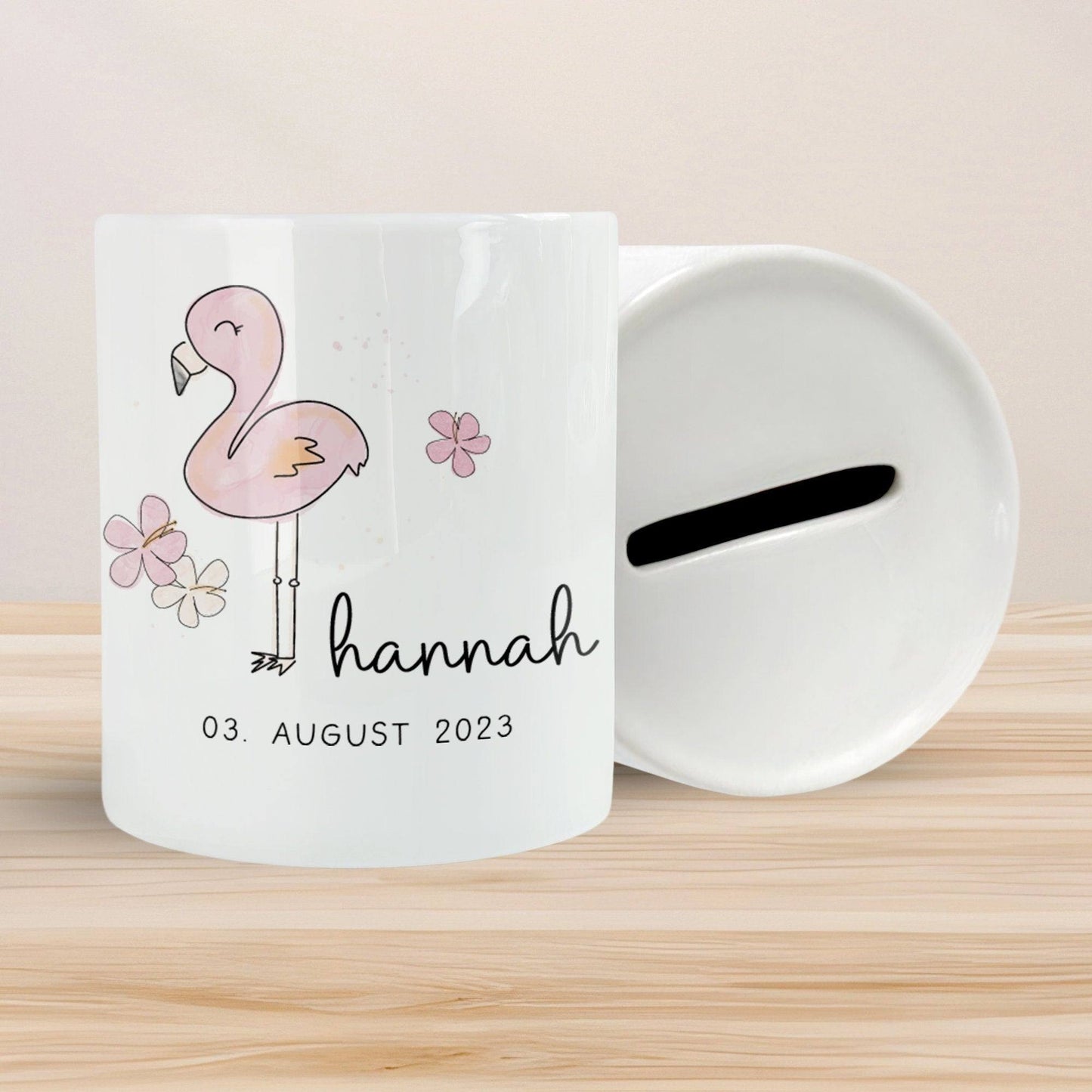 Personalisierte Spardose Flamingo Tier Design -mit Namen personalisiert -Geschenk für Jungen & Mädchen zum Geburtstag -Für Kinder zum sparen kleinebuchstaben