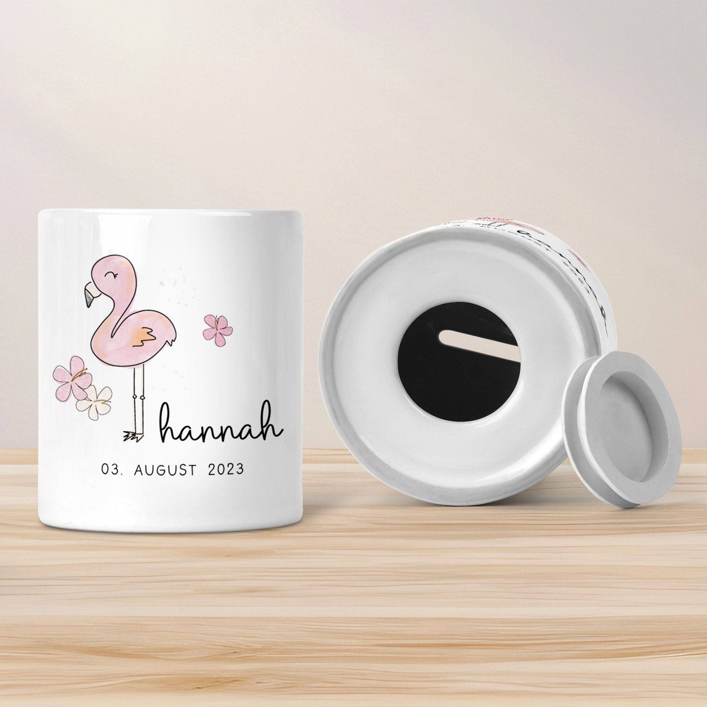 Personalisierte Spardose Flamingo Tier Design -mit Namen personalisiert -Geschenk für Jungen & Mädchen zum Geburtstag -Für Kinder zum sparen kleinebuchstaben