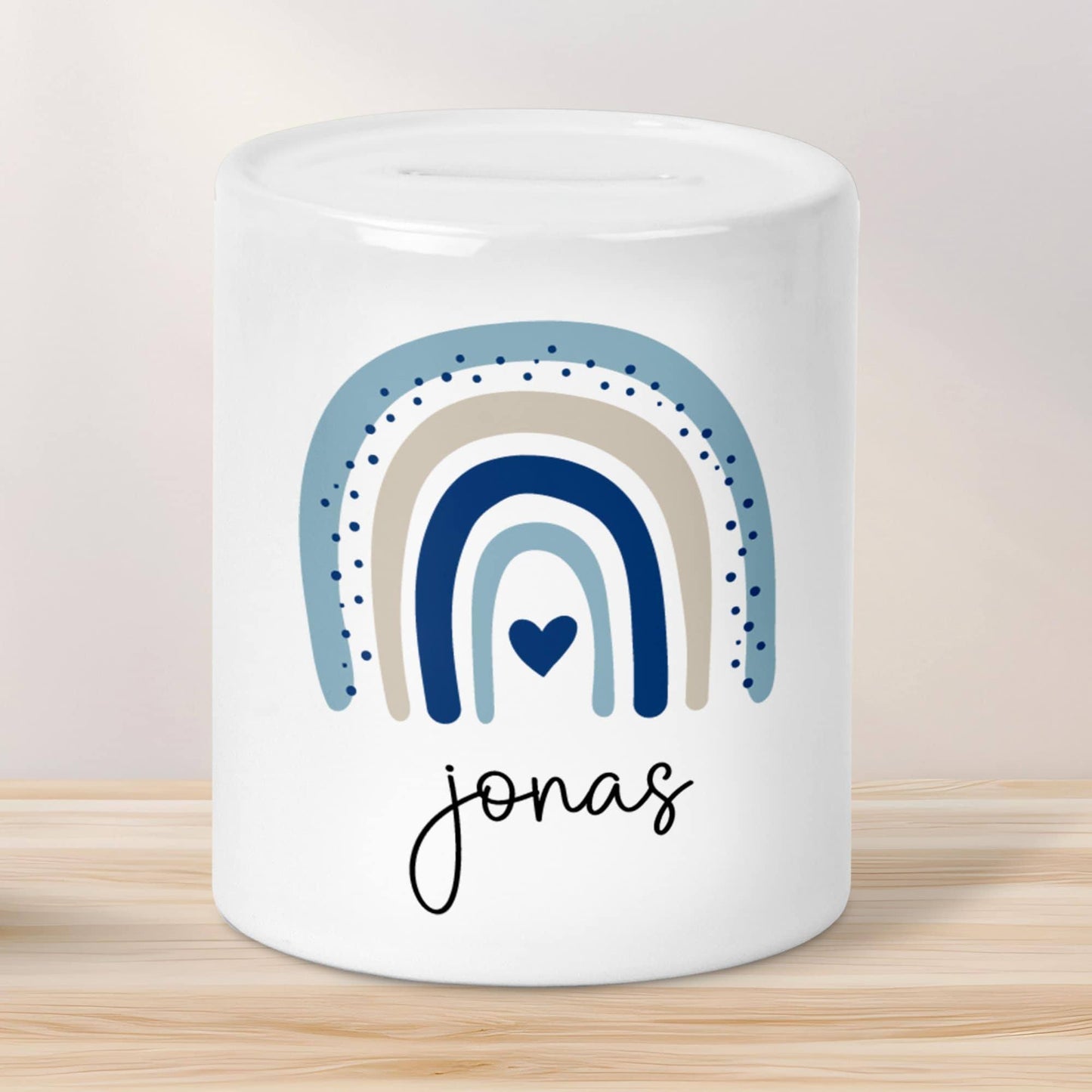 Personalisierte Spardose mit Namen und Datum – Regenbogen Blau -Geschenk für Jungen zum Geburtstag Kommunion Firmung Geburt Einschulung kleinebuchstaben