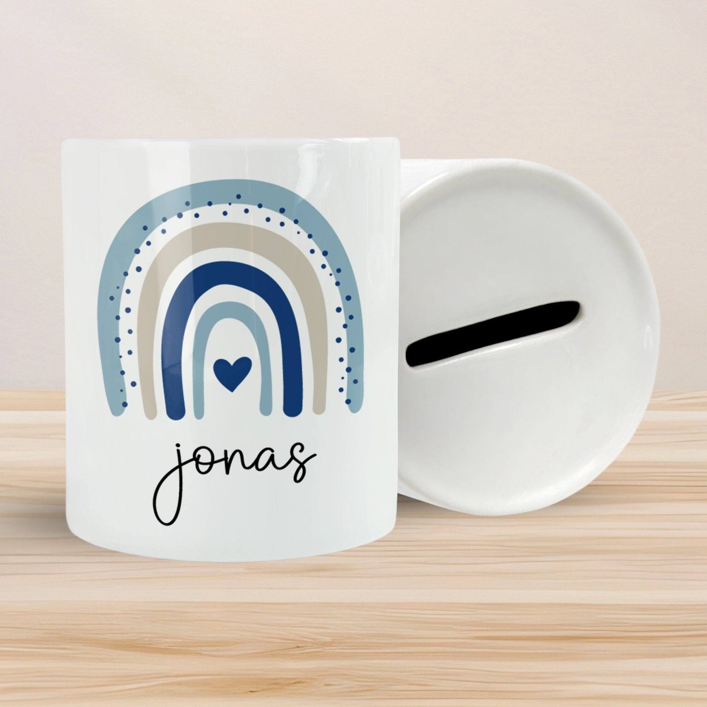 Personalisierte Spardose mit Namen und Datum – Regenbogen Blau -Geschenk für Jungen zum Geburtstag Kommunion Firmung Geburt Einschulung kleinebuchstaben