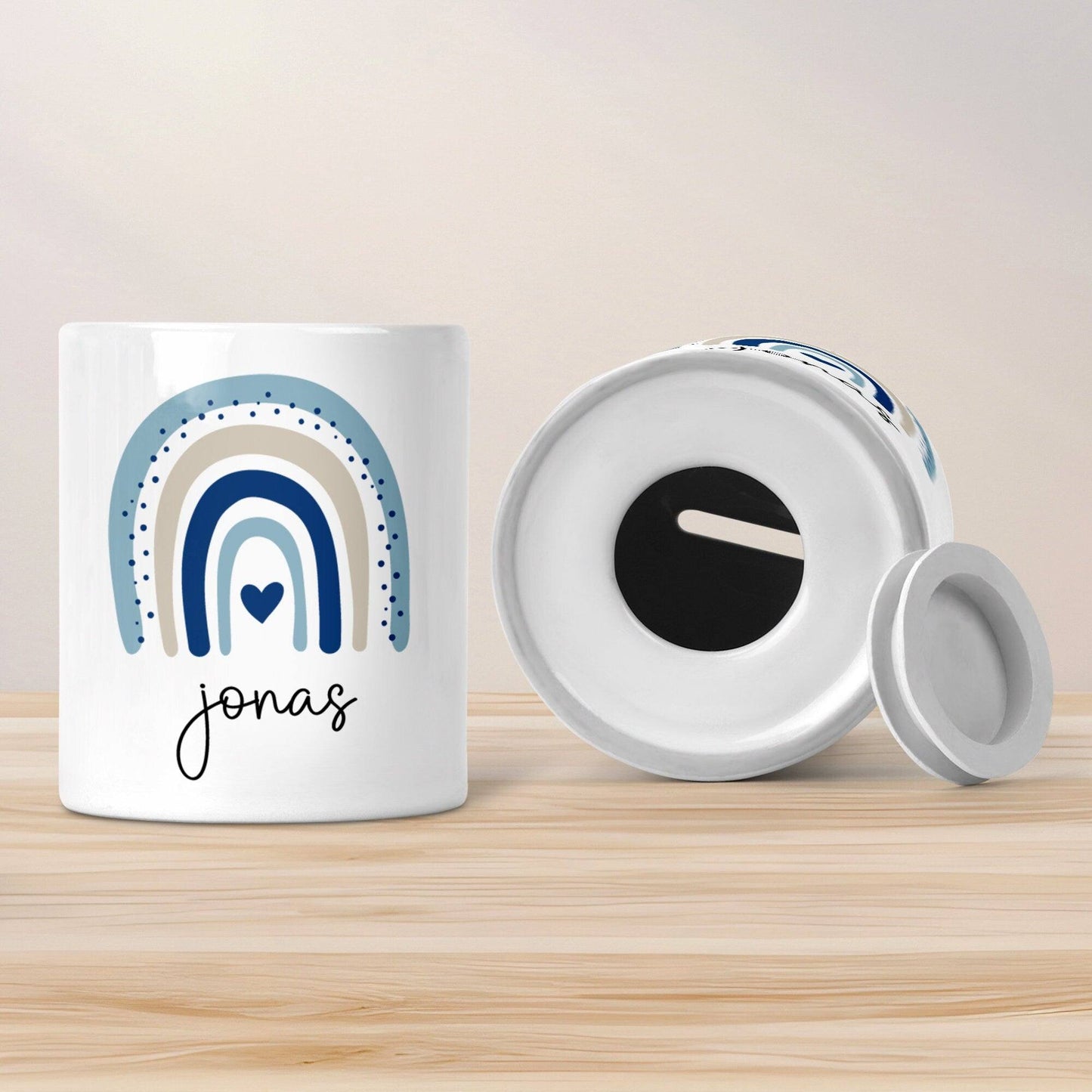 Personalisierte Spardose mit Namen und Datum – Regenbogen Blau -Geschenk für Jungen zum Geburtstag Kommunion Firmung Geburt Einschulung kleinebuchstaben