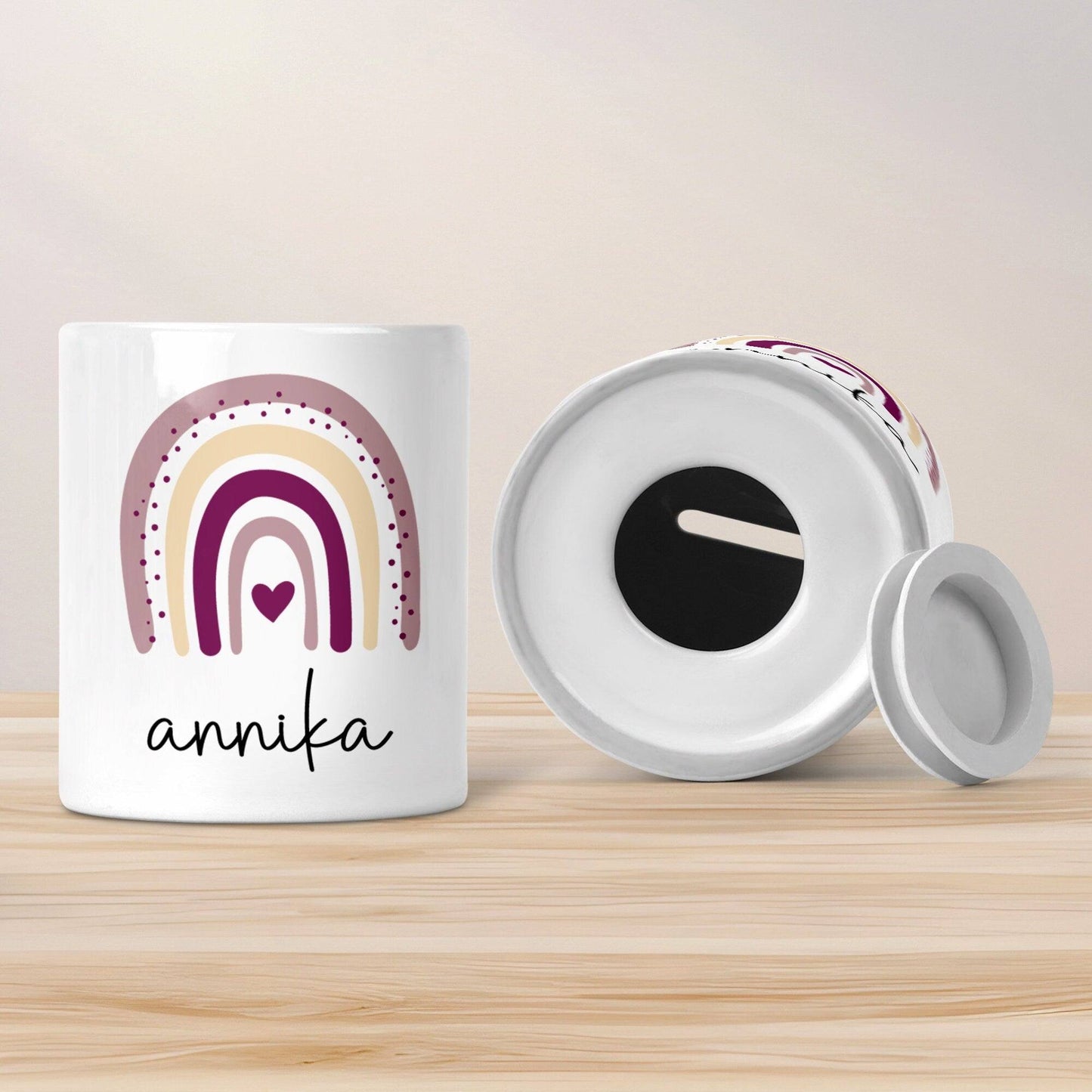 Personalisierte Spardose Taufe mit Namen und Datum –Regenbogen Rosa-Geschenk für Mädchen zum Geburtstag Kommunion Firmung Geburt Einschulung kleinebuchstaben