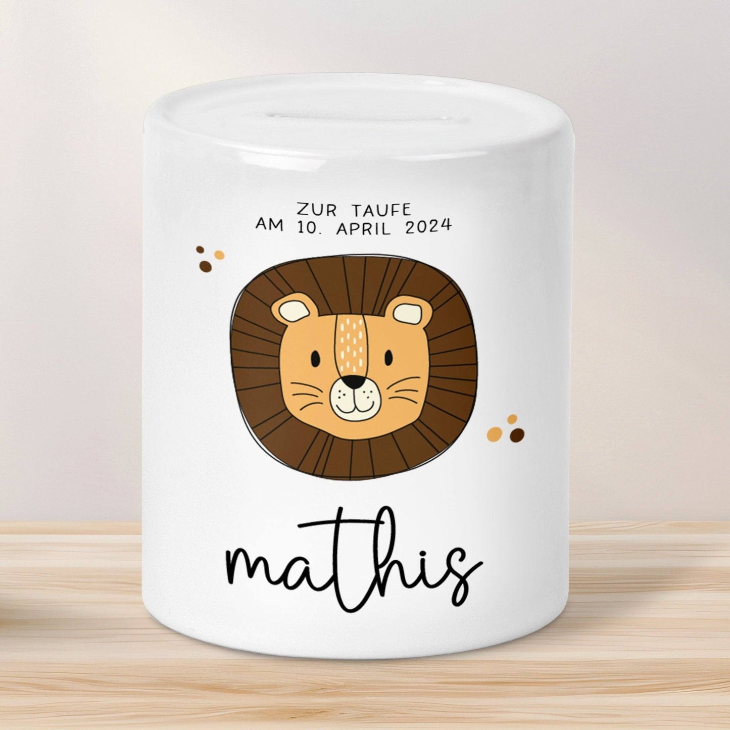 Personalisierte Spardose zur Taufe Motiv: Löwe - mit Namen personalisiert-Geschenk für Jungen & Mädchen zur Kommunion, Konfirmation, Firmung kleinebuchstaben