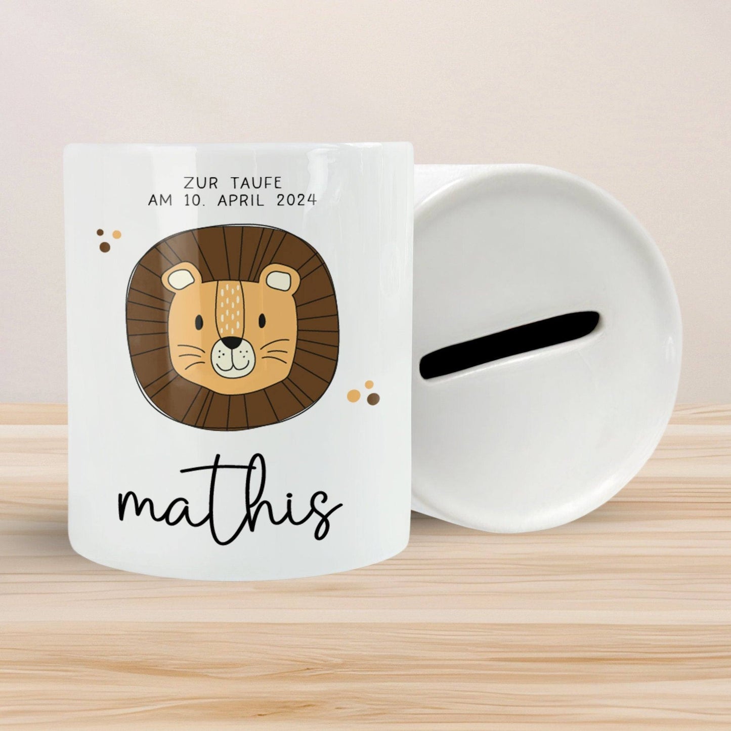 Personalisierte Spardose zur Taufe Motiv: Löwe - mit Namen personalisiert-Geschenk für Jungen & Mädchen zur Kommunion, Konfirmation, Firmung kleinebuchstaben