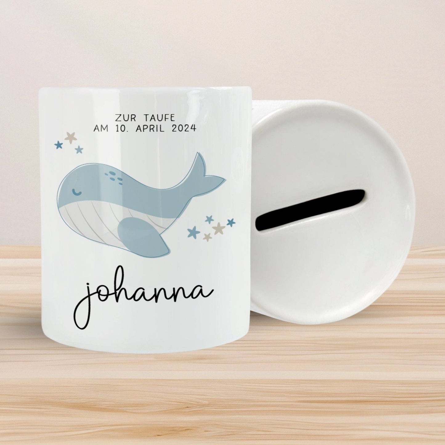 Personalisierte Spardose zur Taufe Motiv: Wal - mit Wunschnamen-Geschenk für Jungen & Mädchen zur Kommunion, Konfirmation, Firmung, Geschenk kleinebuchstaben