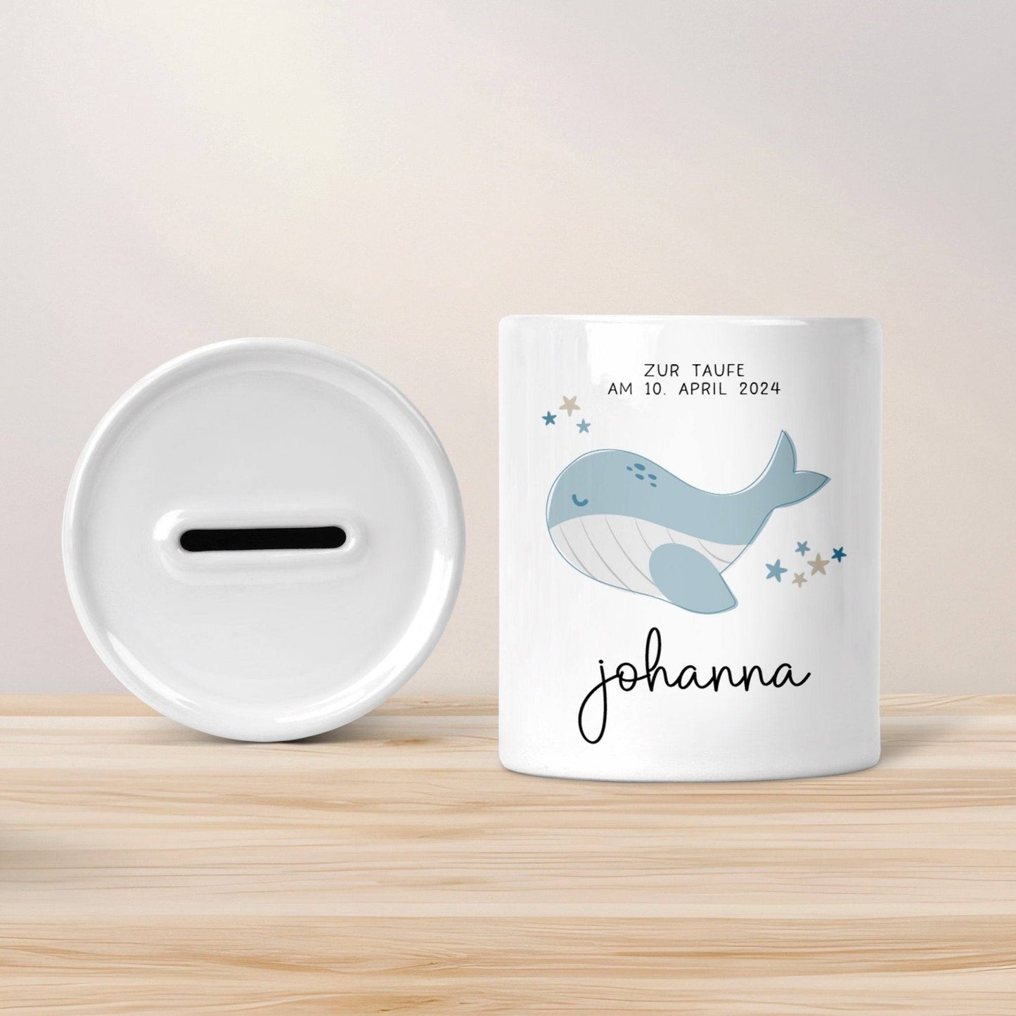 Personalisierte Spardose zur Taufe Motiv: Wal - mit Wunschnamen-Geschenk für Jungen & Mädchen zur Kommunion, Konfirmation, Firmung, Geschenk kleinebuchstaben