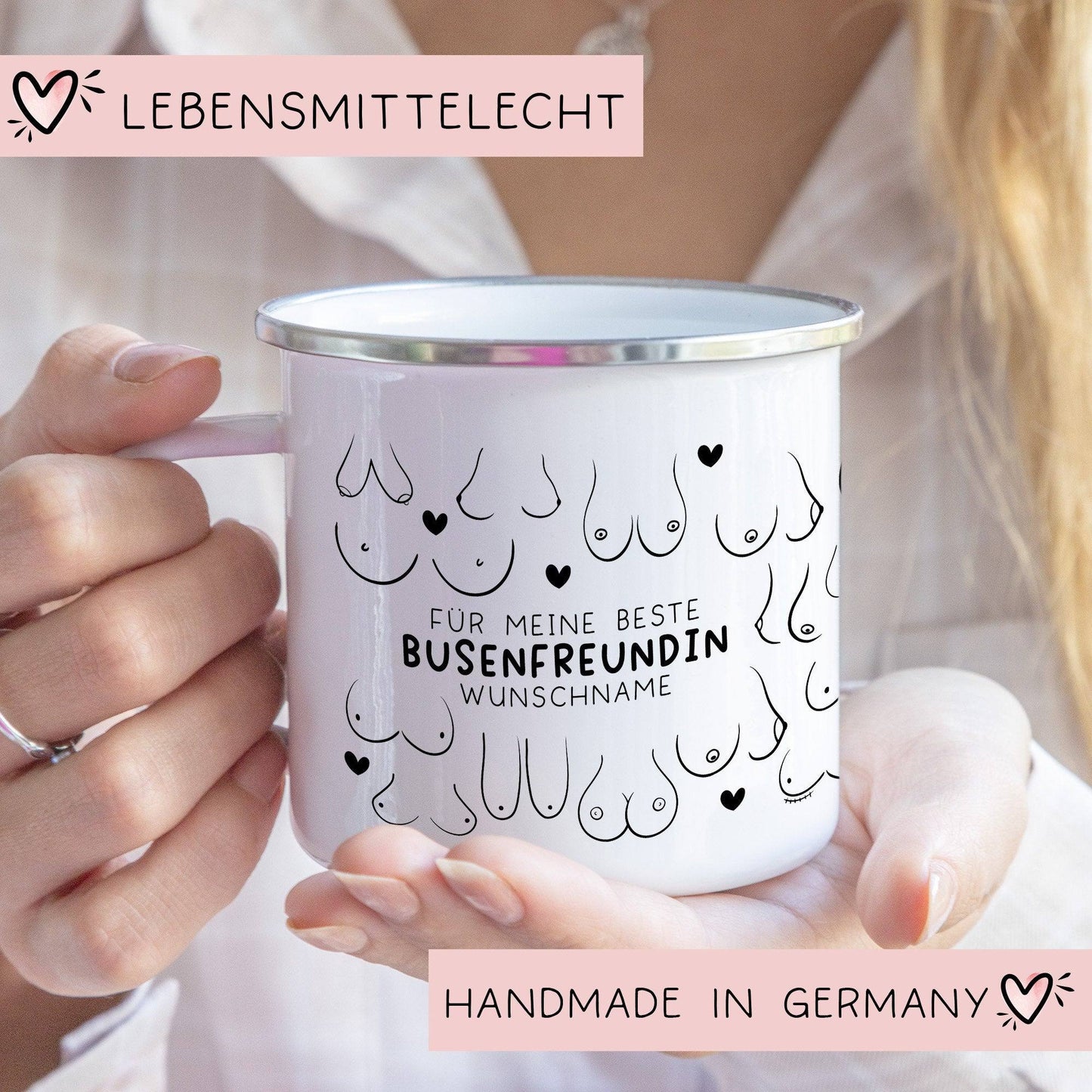 Personalisierte Busenfreundin Emaille Tasse Becher mit eigenen Namen oder Wunschnamen | Für die beste Freundin - BFF - liebste Freundin kleinebuchstaben