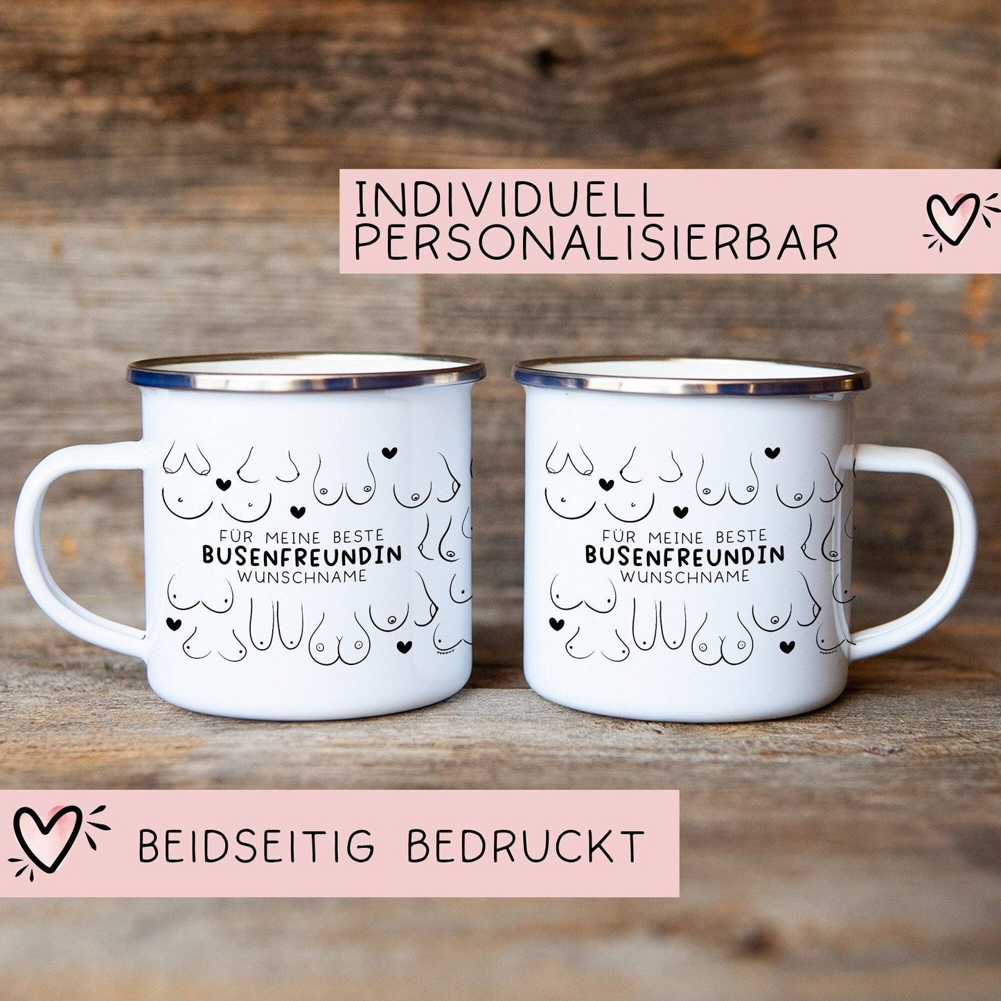 Personalisierte Busenfreundin Emaille Tasse Becher mit eigenen Namen oder Wunschnamen | Für die beste Freundin - BFF - liebste Freundin kleinebuchstaben