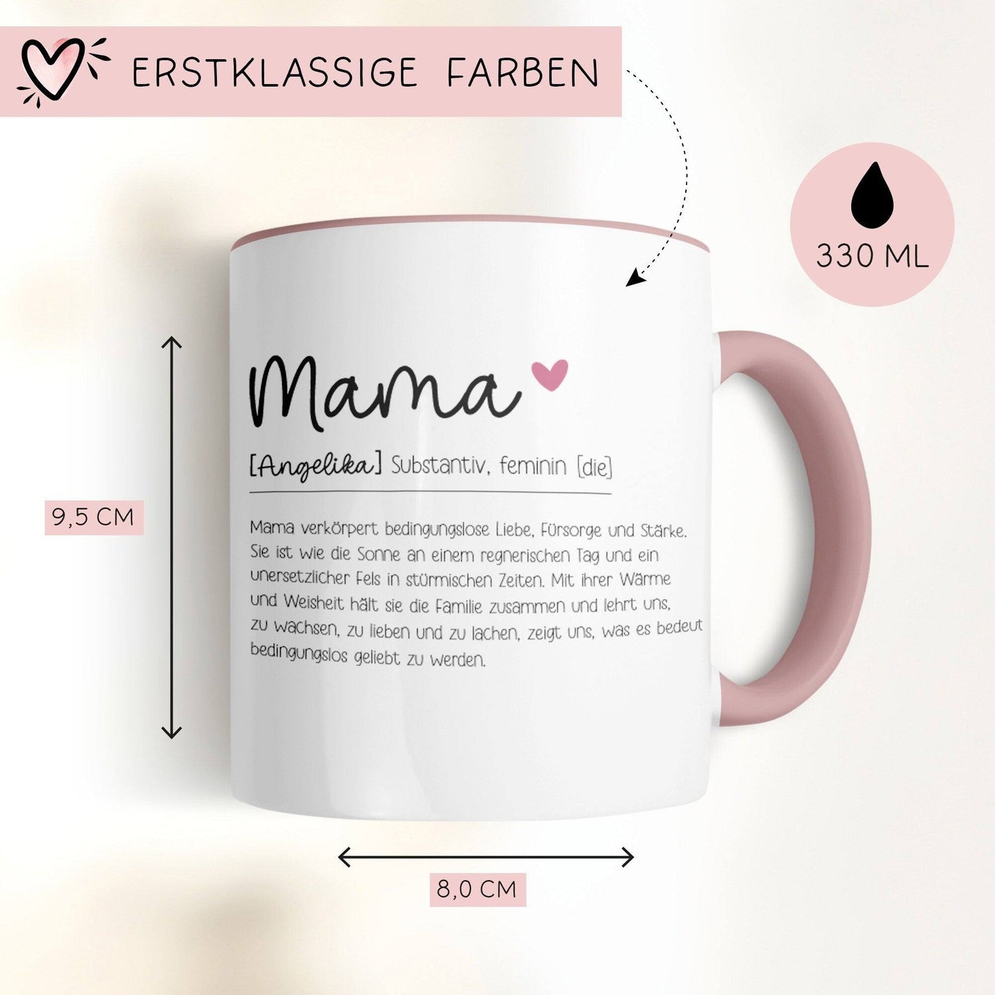 Personalisierte Tasse/Becher Geschenk Mama Muttertag mit Wunschnamen - Tasse Mama Definition Wörterbuch Duden 330 ml – Innen & Henkel - Rosa kleinebuchstaben