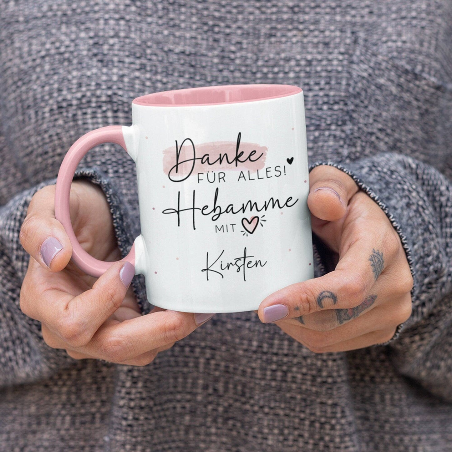 Personalisierte Tasse Hebamme mit Herz - Geschenkidee mit Wunschnamen - Danke für Alles! Geschenk - Hebamme Dankeschön - Schwangerschaft kleinebuchstaben