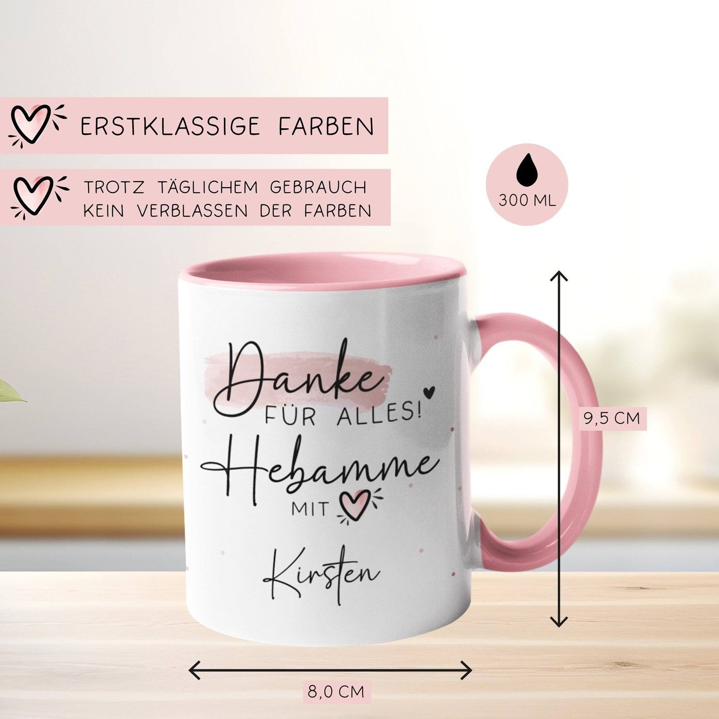 Personalisierte Tasse Hebamme mit Herz - Geschenkidee mit Wunschnamen - Danke für Alles! Geschenk - Hebamme Dankeschön - Schwangerschaft kleinebuchstaben