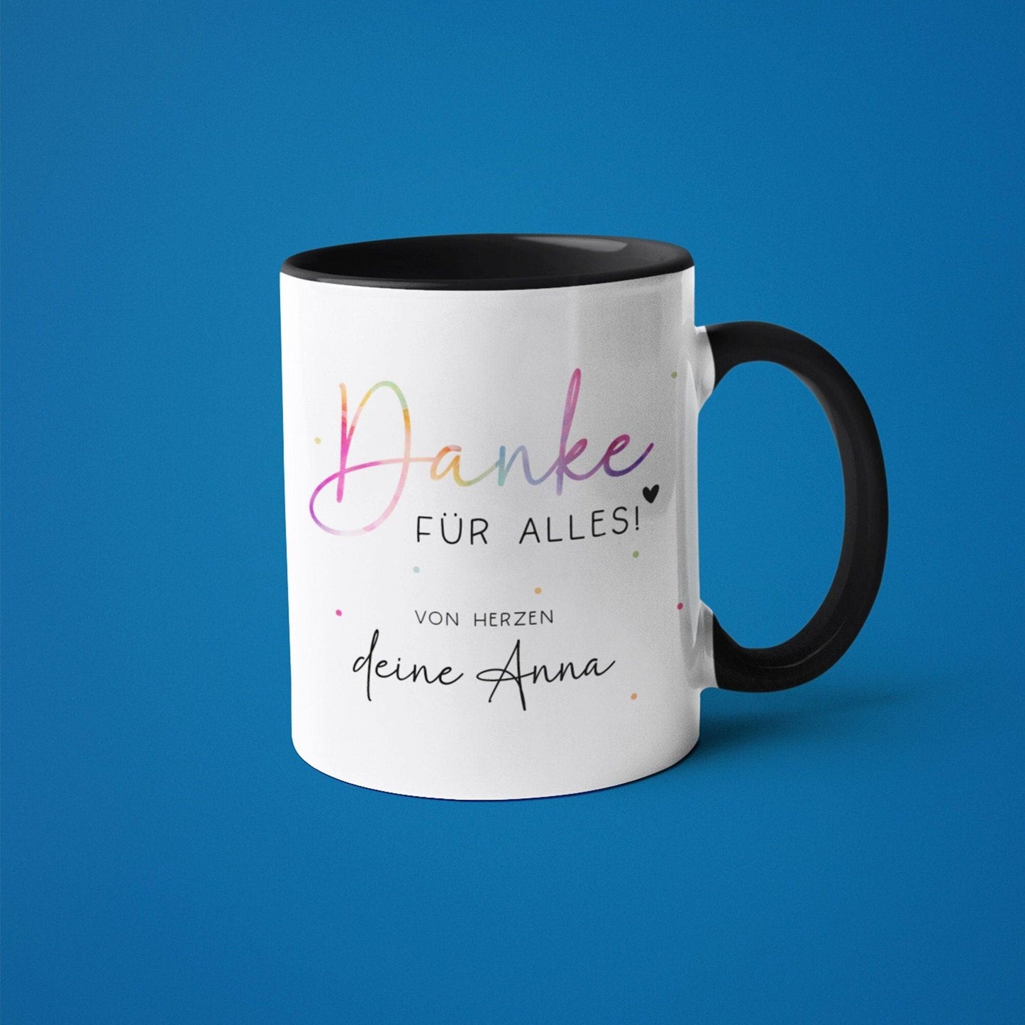 Danke für alles Personalisierte Tasse mit eigenen Wunschtext. Kaffee-Tasse Dankeschön-Geschenke Vatertag Muttertag Geburtstag Erzieher kleinebuchstaben Innen & Henkel - Schwarz