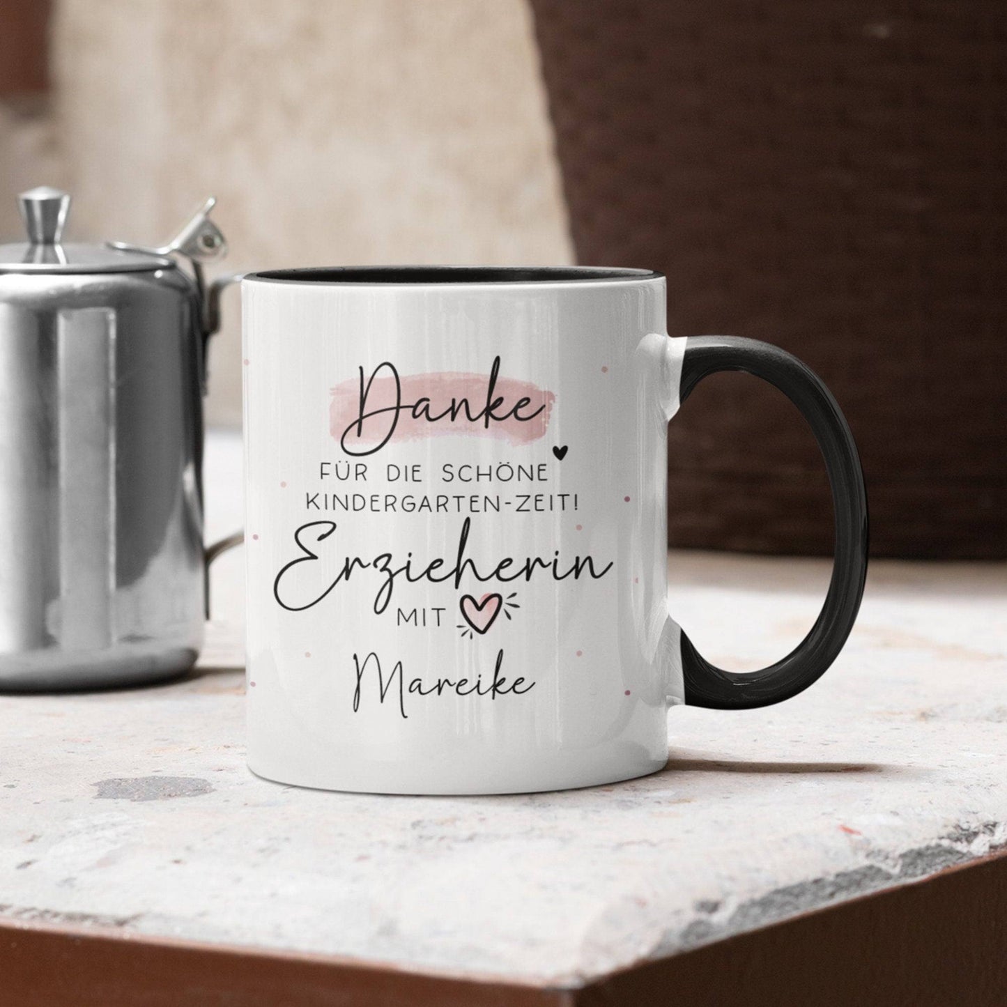 Personalisierte Tasse " Danke für die schöne Kindergarten-Zeit" Geschenke Namen Kinder. Geschenk für Erzieher und Erzieherin mit Herz kleinebuchstaben