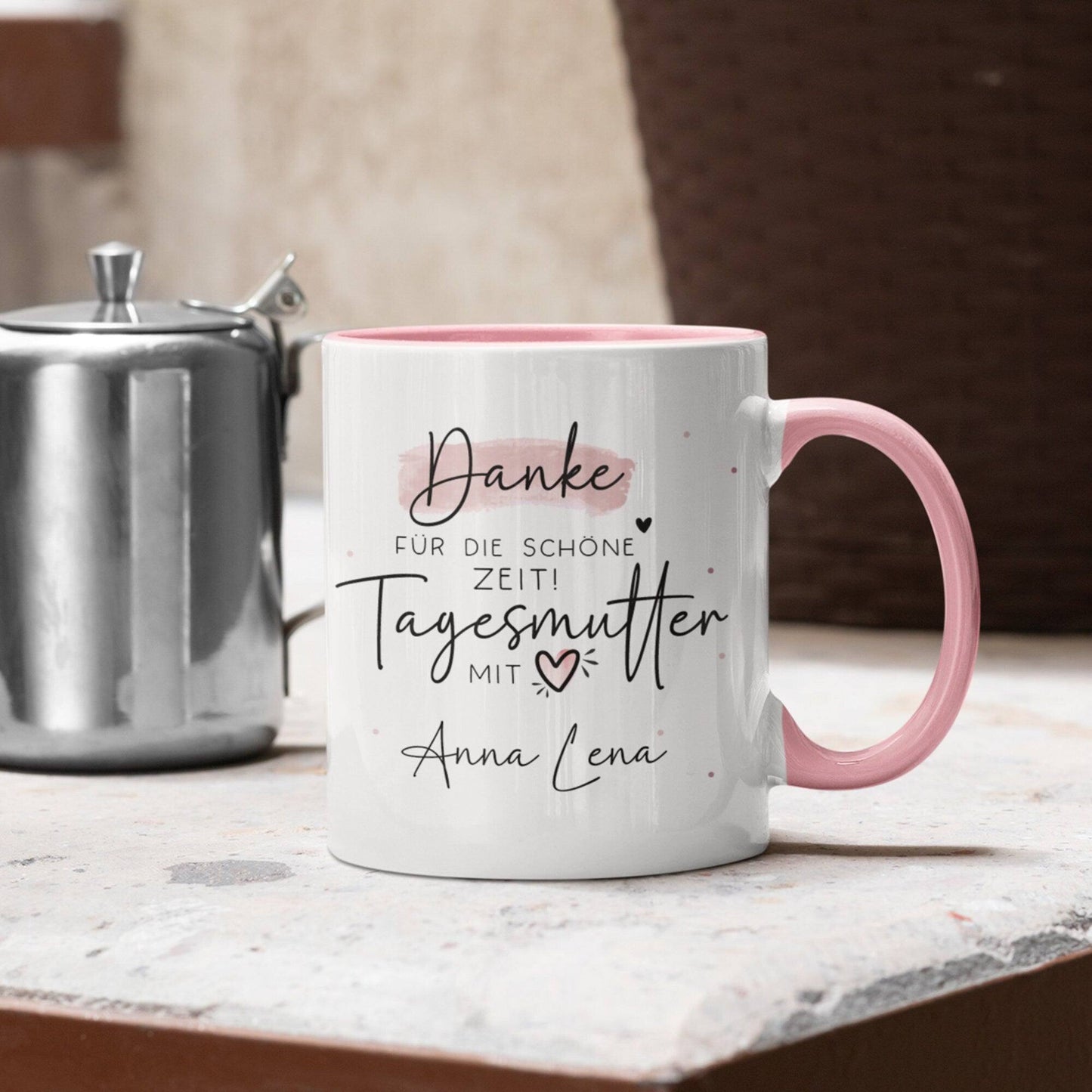 Tagesmutter Tasse Personalisiert Name Wunschname "Danke für die Schöne Zeit" Tagesmutter mit Herz - Geschenk zum Abschied, Kindergarten, KIGA, KITA, Erzieherin kleinebuchstaben