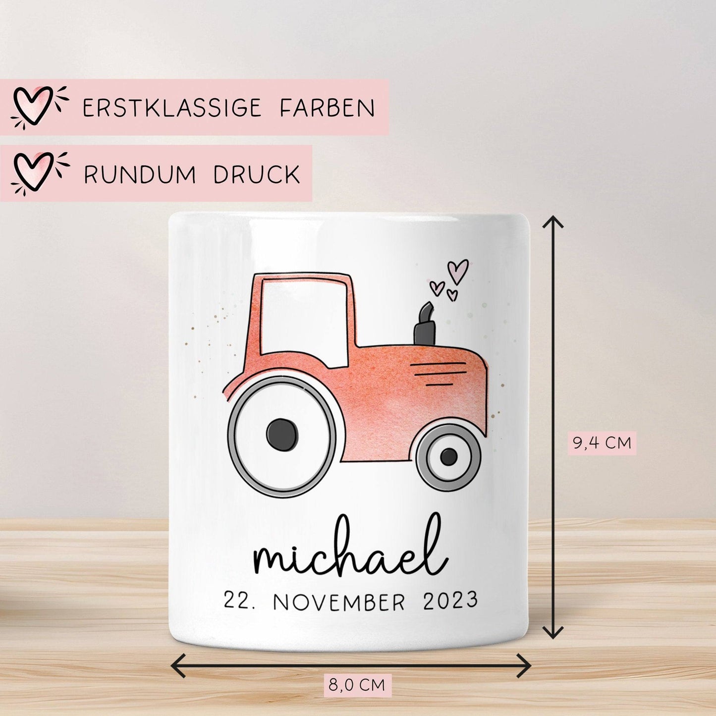 Personalisierte Spardose Trecker Traktor Rot mit Wunschname - Sparschwein -Geschenk-Geburtstag-Weihnachten-Geldgeschenk mit Wunschtext kleinebuchstaben