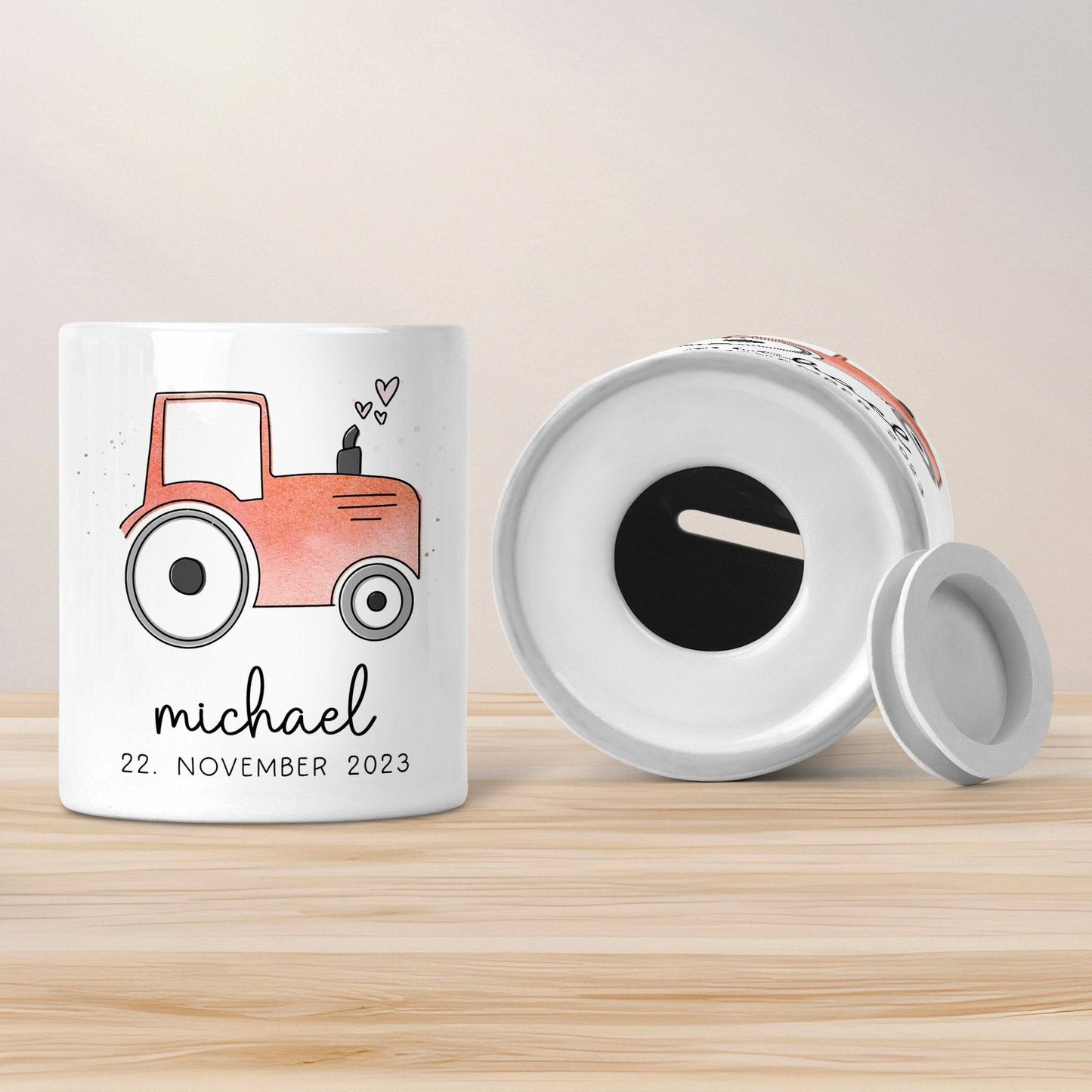 Personalisierte Spardose Trecker Traktor Rot mit Wunschname - Sparschwein -Geschenk-Geburtstag-Weihnachten-Geldgeschenk mit Wunschtext kleinebuchstaben