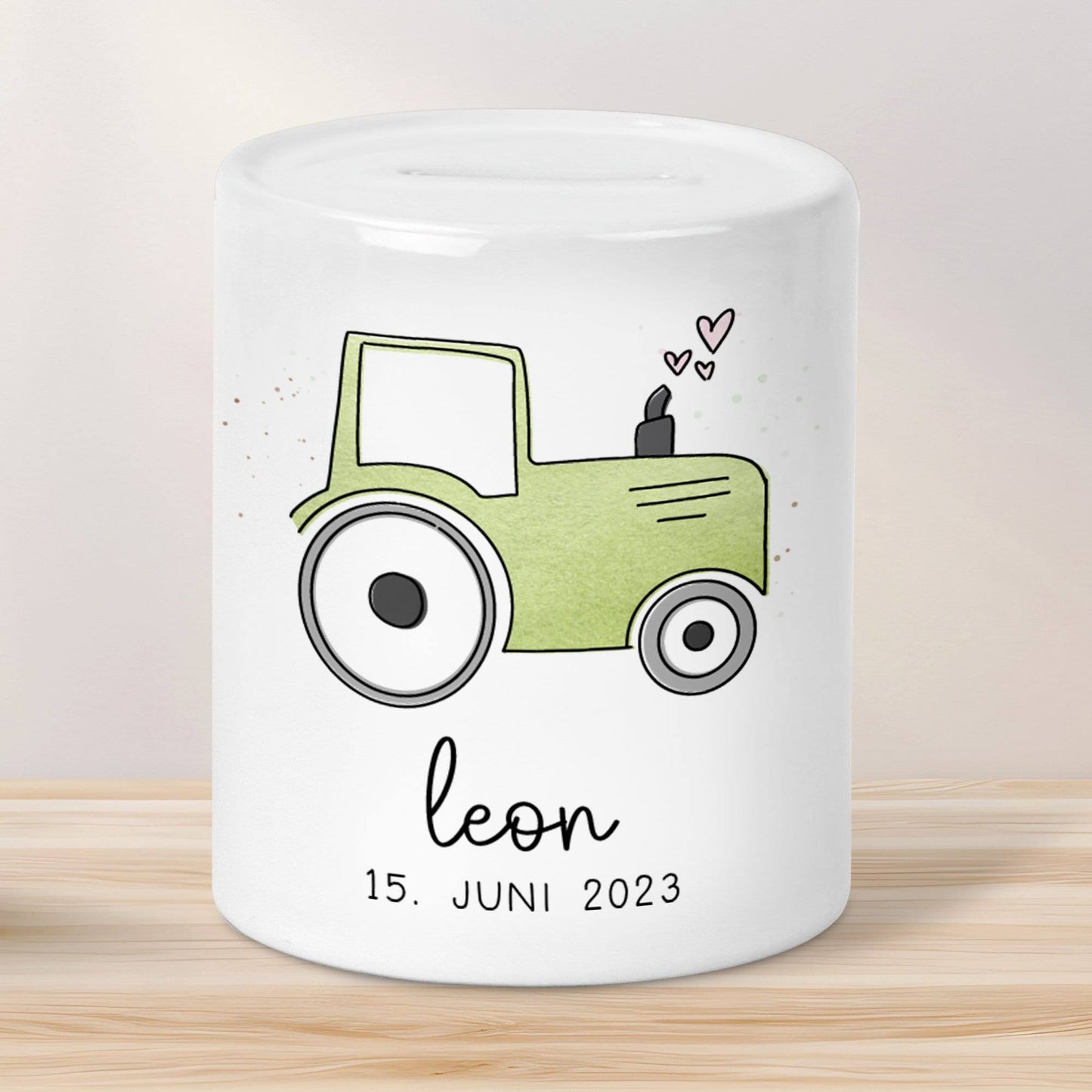 Spardose Trecker Personalisiert Traktor Grün mit Wunschname - Sparschwein -Geschenk-Geburtstag-Weihnachten-Geldgeschenk mit Wunschtext kleinebuchstaben