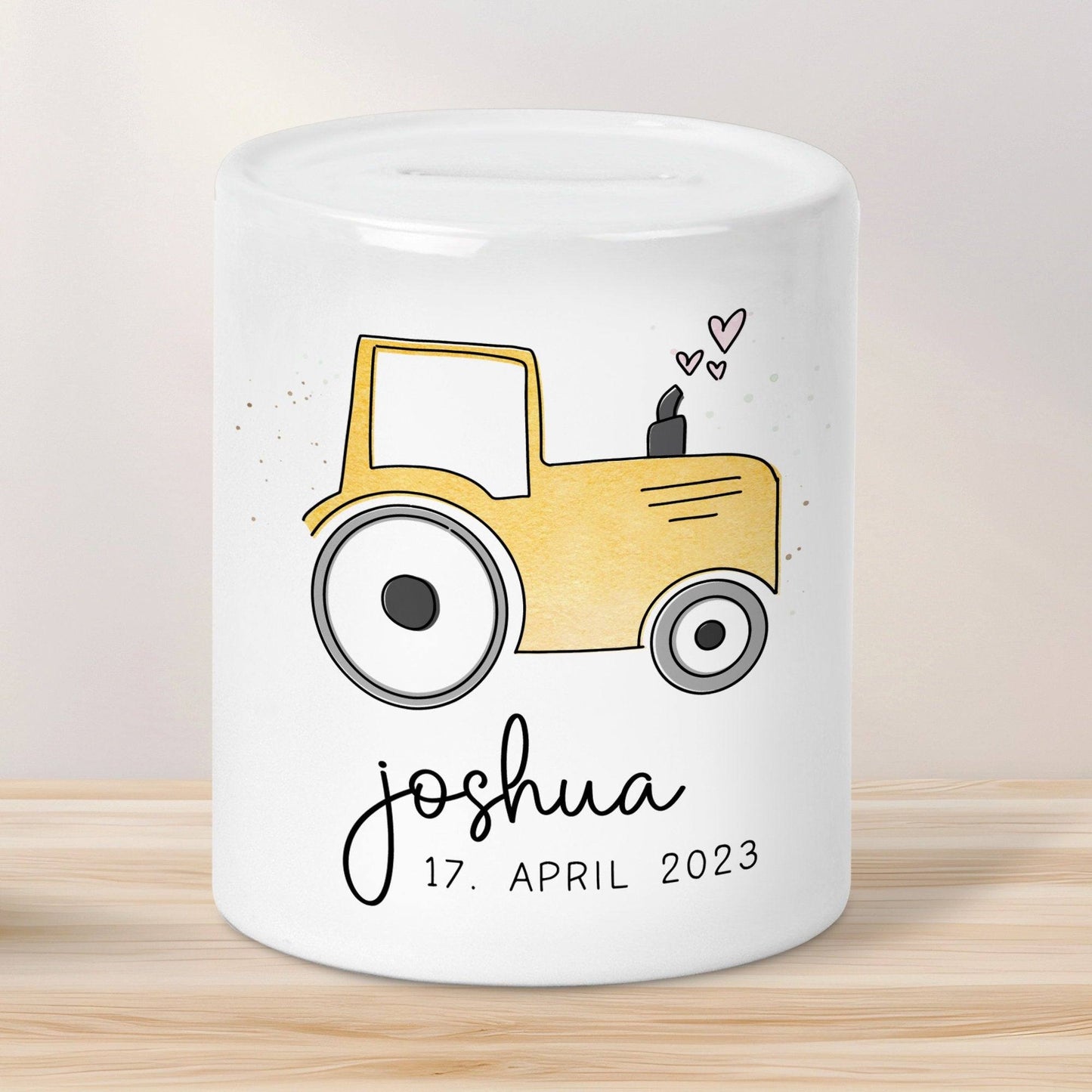 Gelber Traktor Personalisiert Spardose Trecker mit Wunschname - Sparschwein -Geschenk-Geburtstag-Weihnachten-Geldgeschenk mit Wunschtext kleinebuchstaben