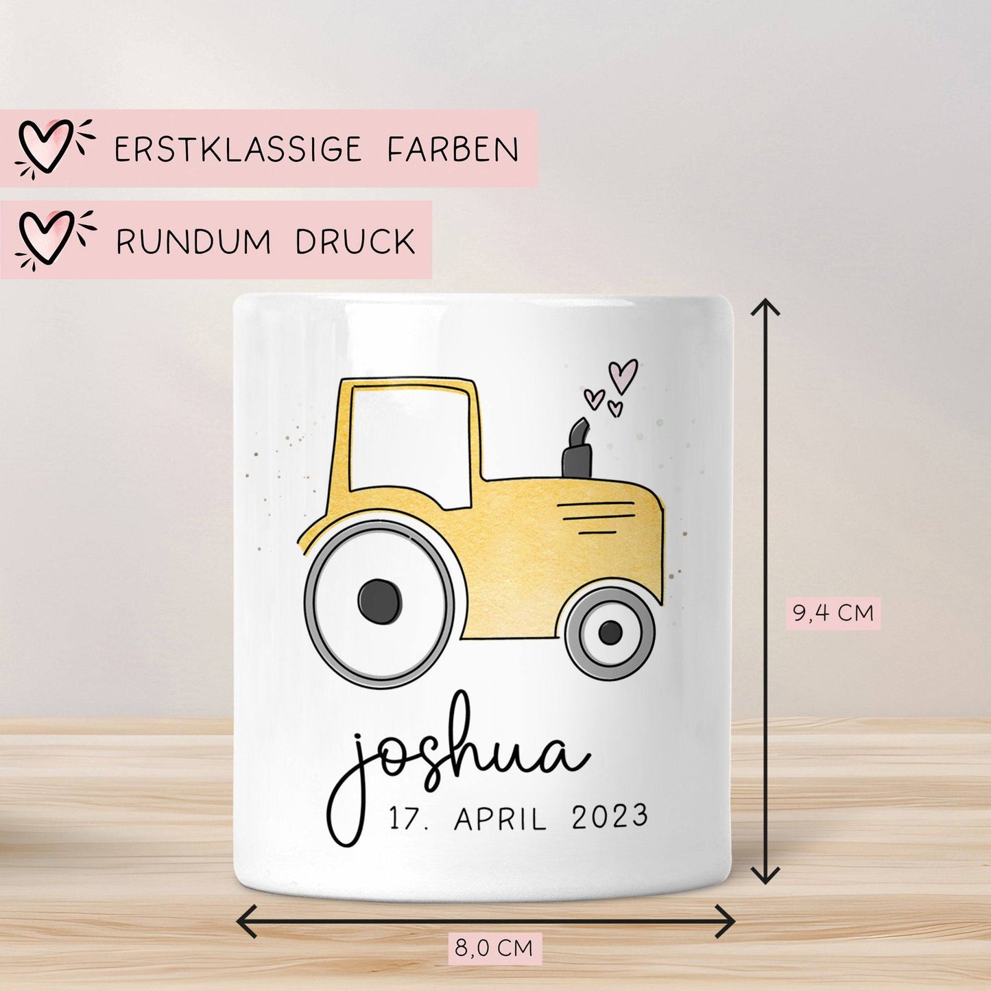 Gelber Traktor Personalisiert Spardose Trecker mit Wunschname - Sparschwein -Geschenk-Geburtstag-Weihnachten-Geldgeschenk mit Wunschtext kleinebuchstaben