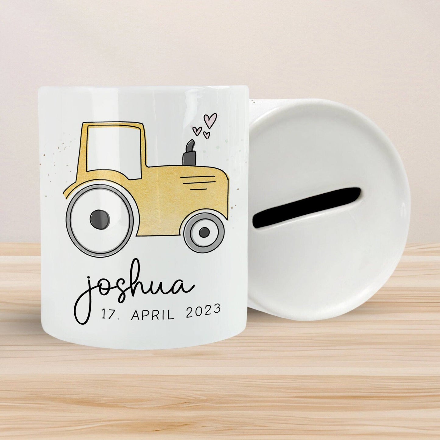 Gelber Traktor Personalisiert Spardose Trecker mit Wunschname - Sparschwein -Geschenk-Geburtstag-Weihnachten-Geldgeschenk mit Wunschtext kleinebuchstaben