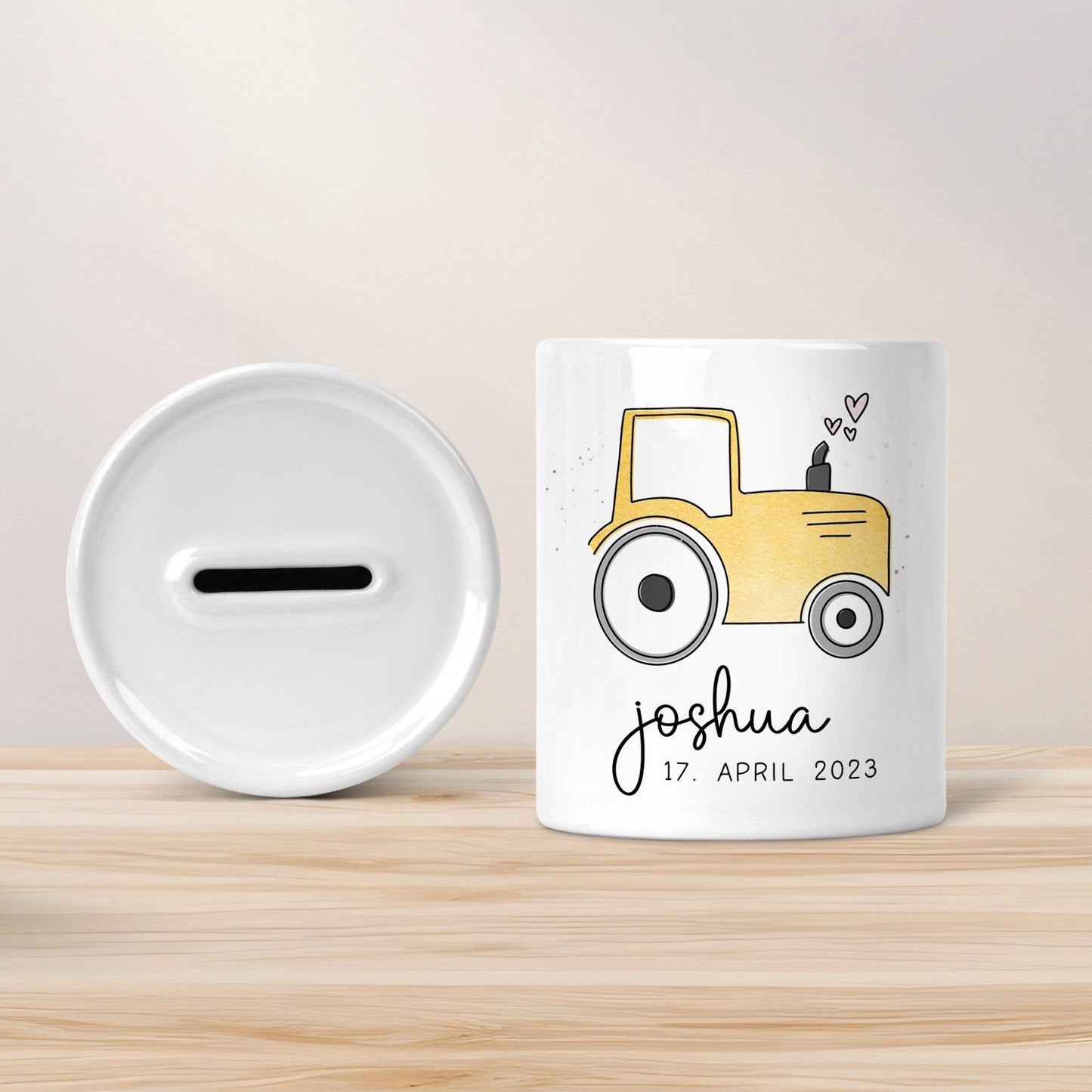 Gelber Traktor Personalisiert Spardose Trecker mit Wunschname - Sparschwein -Geschenk-Geburtstag-Weihnachten-Geldgeschenk mit Wunschtext kleinebuchstaben