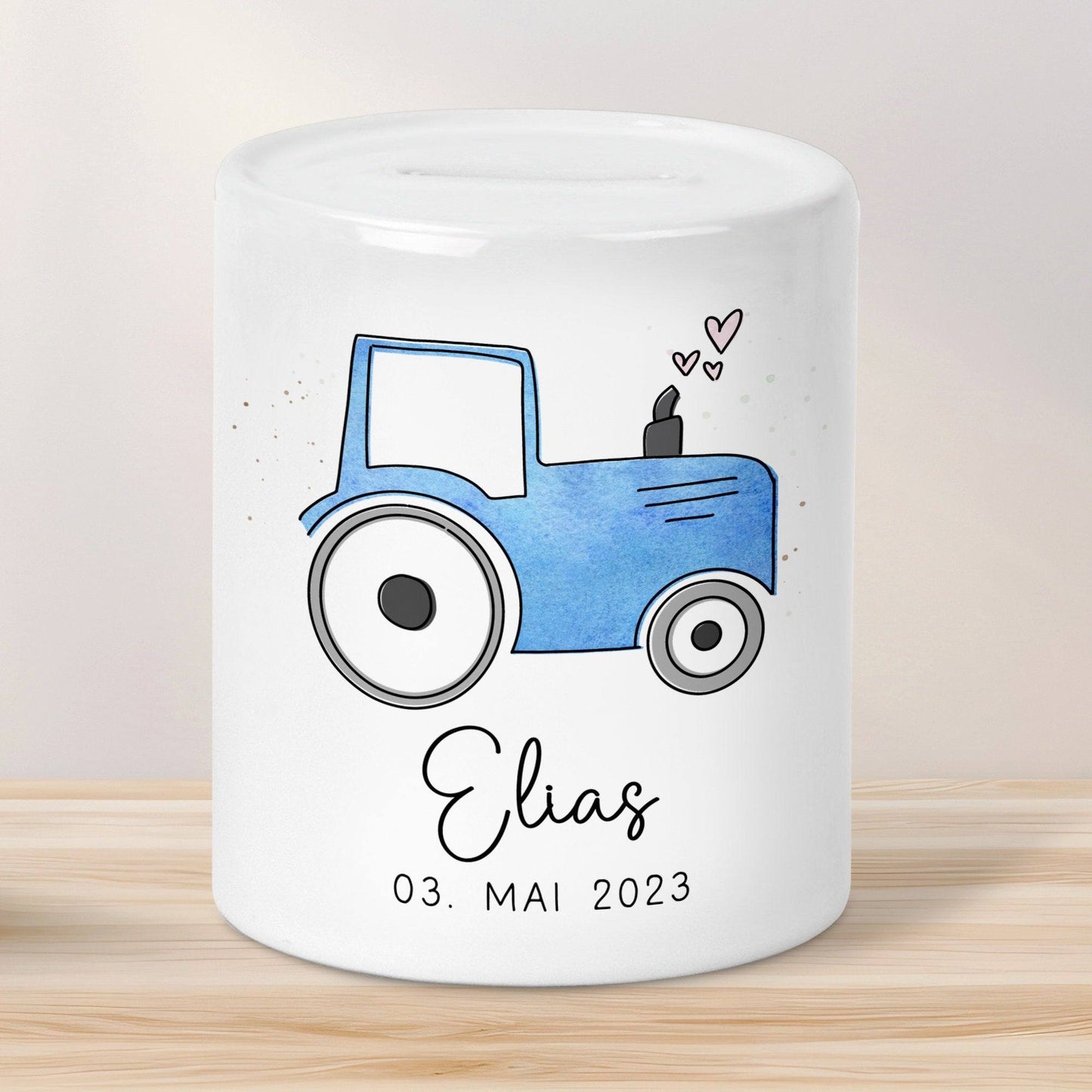Traktor Blau Personalisiert Spardose Trecker mit Wunschname - Sparschwein -Geschenk-Geburtstag-Weihnachten-Geldgeschenk mit Wunschtext kleinebuchstaben