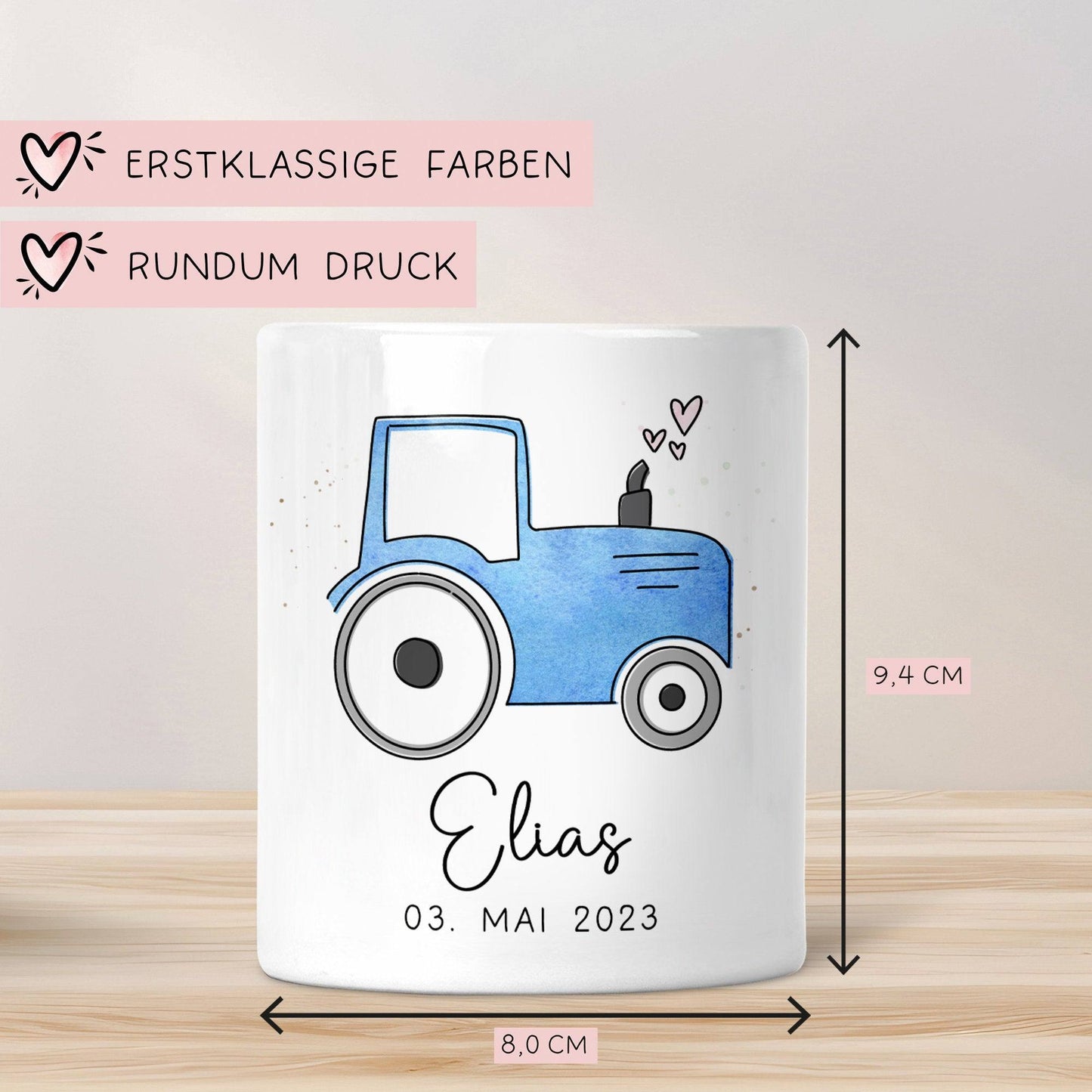 Traktor Blau Personalisiert Spardose Trecker mit Wunschname - Sparschwein -Geschenk-Geburtstag-Weihnachten-Geldgeschenk mit Wunschtext kleinebuchstaben