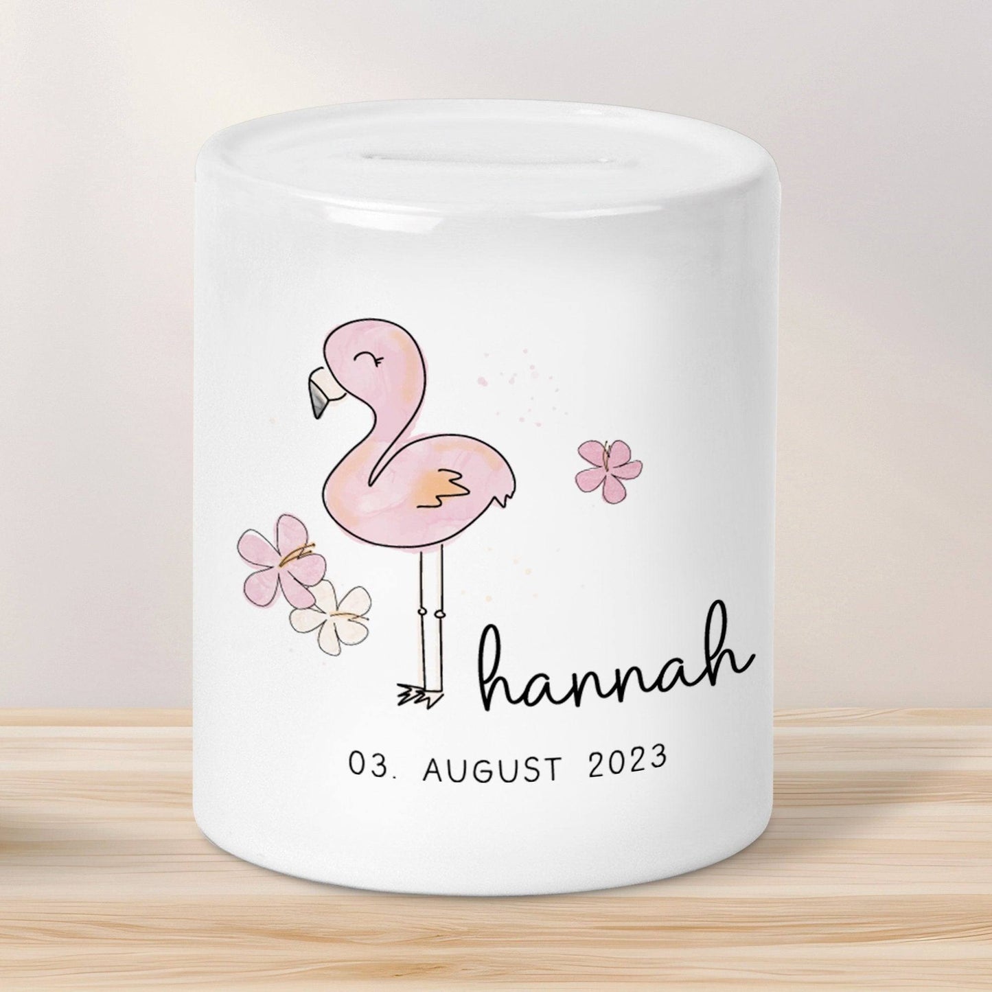 Personalisierte Spardose Flamingo Tier Design -mit Namen personalisiert -Geschenk für Jungen & Mädchen zum Geburtstag -Für Kinder zum sparen kleinebuchstaben