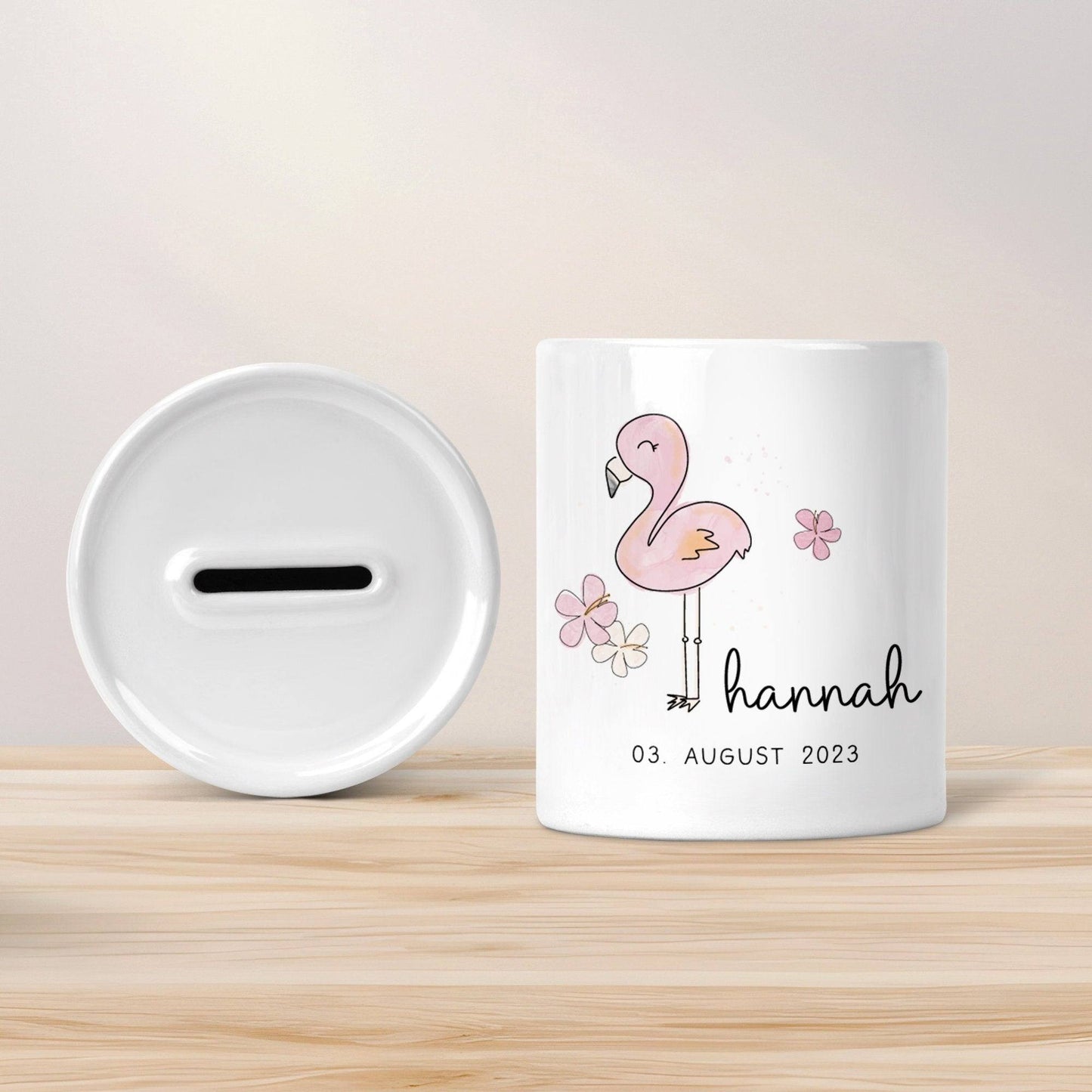 Personalisierte Spardose Flamingo Tier Design -mit Namen personalisiert -Geschenk für Jungen & Mädchen zum Geburtstag -Für Kinder zum sparen kleinebuchstaben