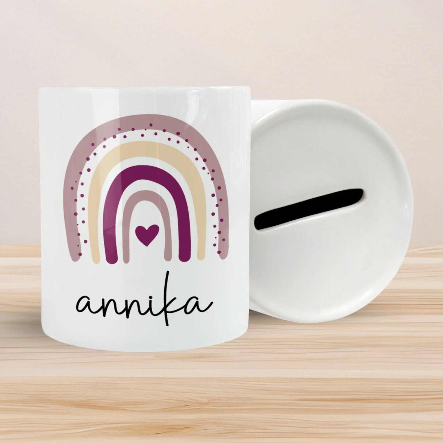 Personalisierte Spardose Taufe mit Namen und Datum –Regenbogen Rosa-Geschenk für Mädchen zum Geburtstag Kommunion Firmung Geburt Einschulung kleinebuchstaben