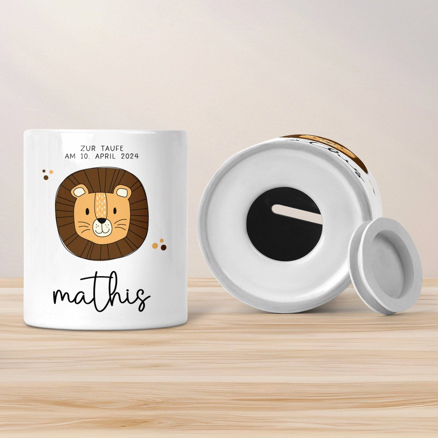 Personalisierte Spardose zur Taufe Motiv: Löwe - mit Namen personalisiert-Geschenk für Jungen & Mädchen zur Kommunion, Konfirmation, Firmung kleinebuchstaben