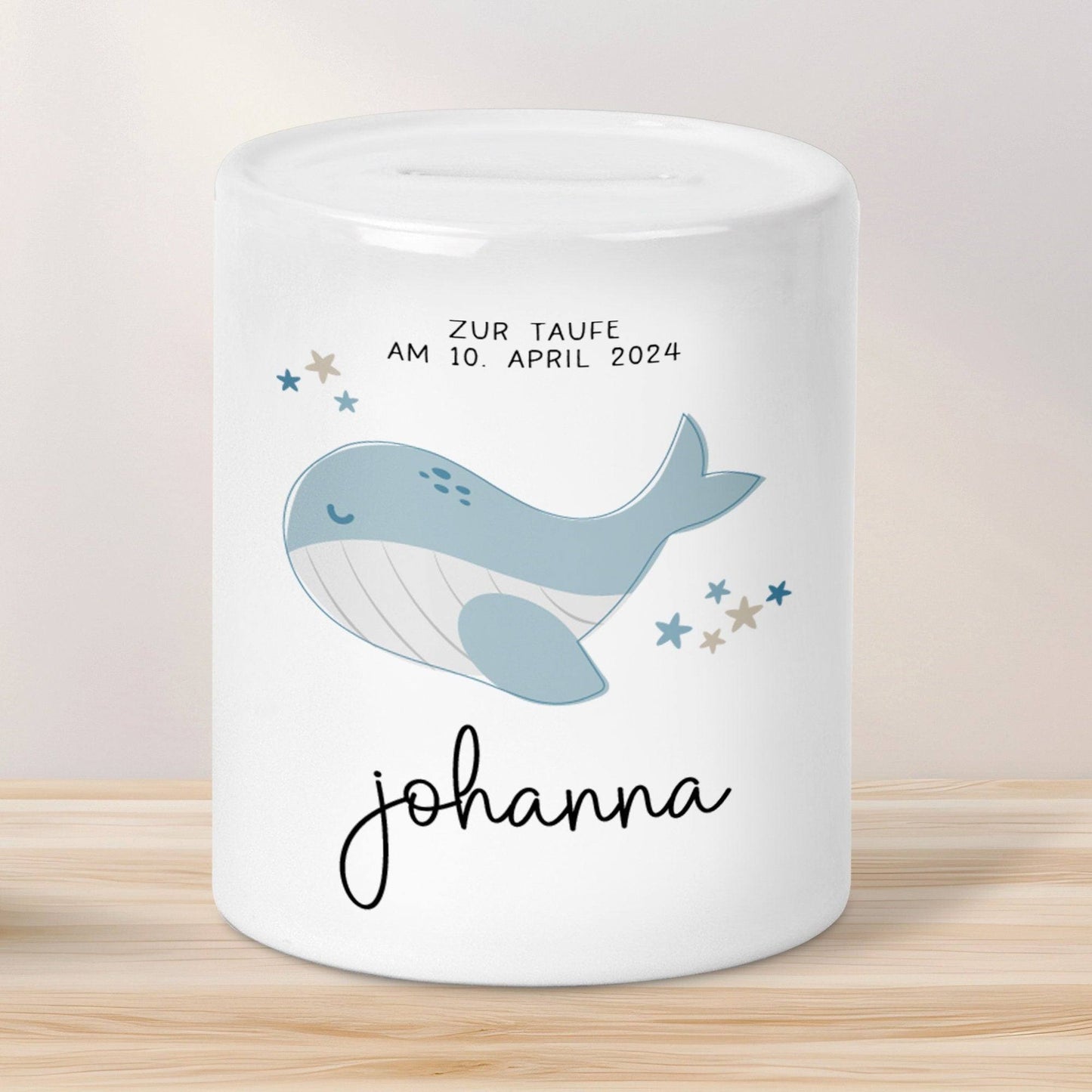 Personalisierte Spardose zur Taufe Motiv: Wal - mit Wunschnamen-Geschenk für Jungen & Mädchen zur Kommunion, Konfirmation, Firmung, Geschenk kleinebuchstaben