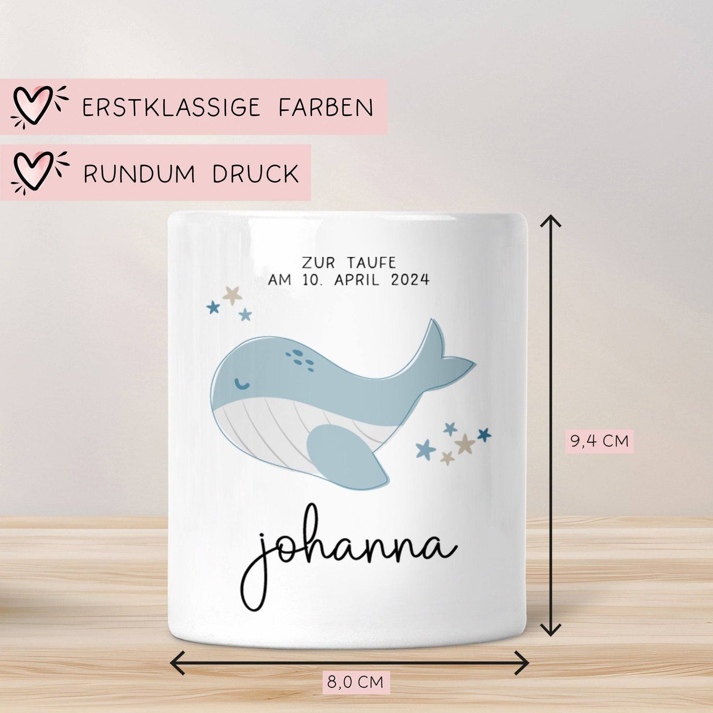 Personalisierte Spardose zur Taufe Motiv: Wal - mit Wunschnamen-Geschenk für Jungen & Mädchen zur Kommunion, Konfirmation, Firmung, Geschenk kleinebuchstaben
