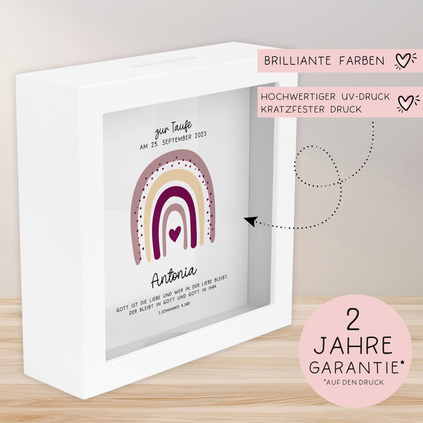 Holz Spardose Taufe personalisiert mit Namen zur Geburt Kommunion Konfirmation eines Kindes mit Taufspruch und als Geldgeschenk–Taufgeschenk kleinebuchstaben