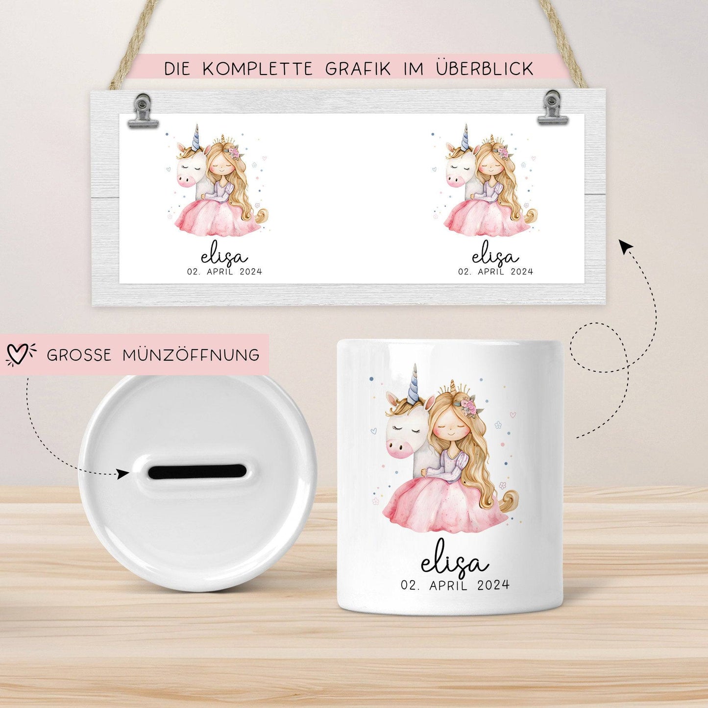 Spardose Einhorn Prinzessin Name Personalisiert für Mädchen zum Geburtstag, Taufe Kommunion Firmung Konfirmation, Weihnachten - Keramik kleinebuchstaben