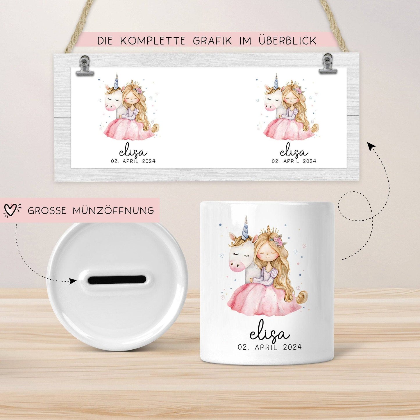 Spardose Einhorn & Prinzessin Name Personalisiert für Mädchen zum Geburtstag, Taufe Kommunion Firmung Konfirmation, Weihnachten - Keramik kleinebuchstaben
