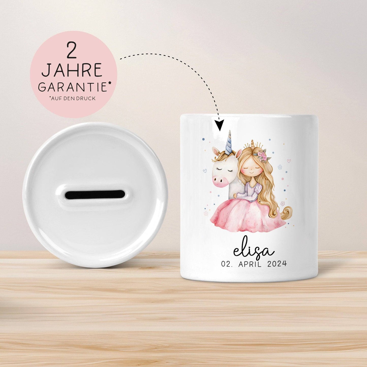 Spardose Einhorn Prinzessin Name Personalisiert für Mädchen zum Geburtstag, Taufe Kommunion Firmung Konfirmation, Weihnachten - Keramik kleinebuchstaben