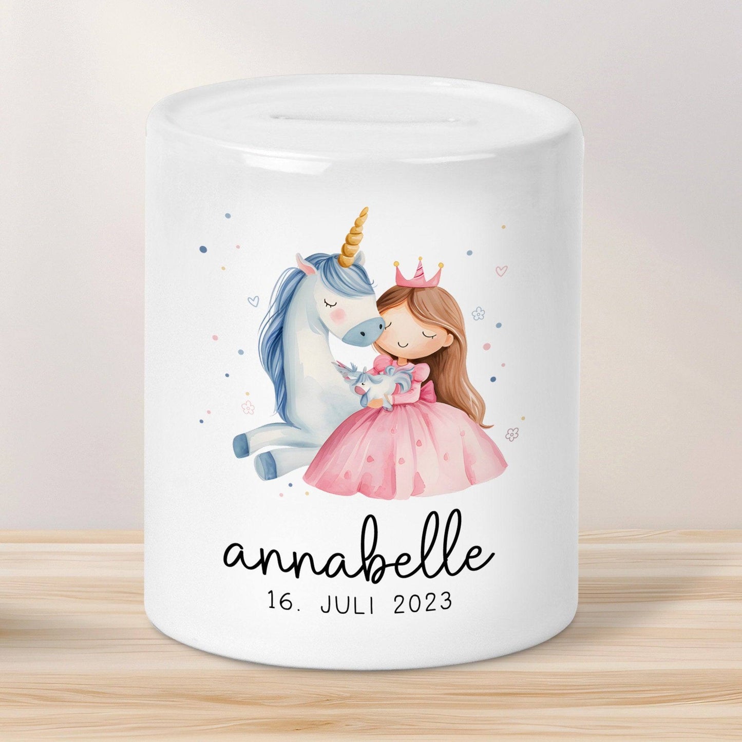Spardose Einhorn & Prinzessin Blau Name Personalisiert für Mädchen zum Geburtstag, Taufe Kommunion Firmung Konfirmation, Weihnachten kleinebuchstaben
