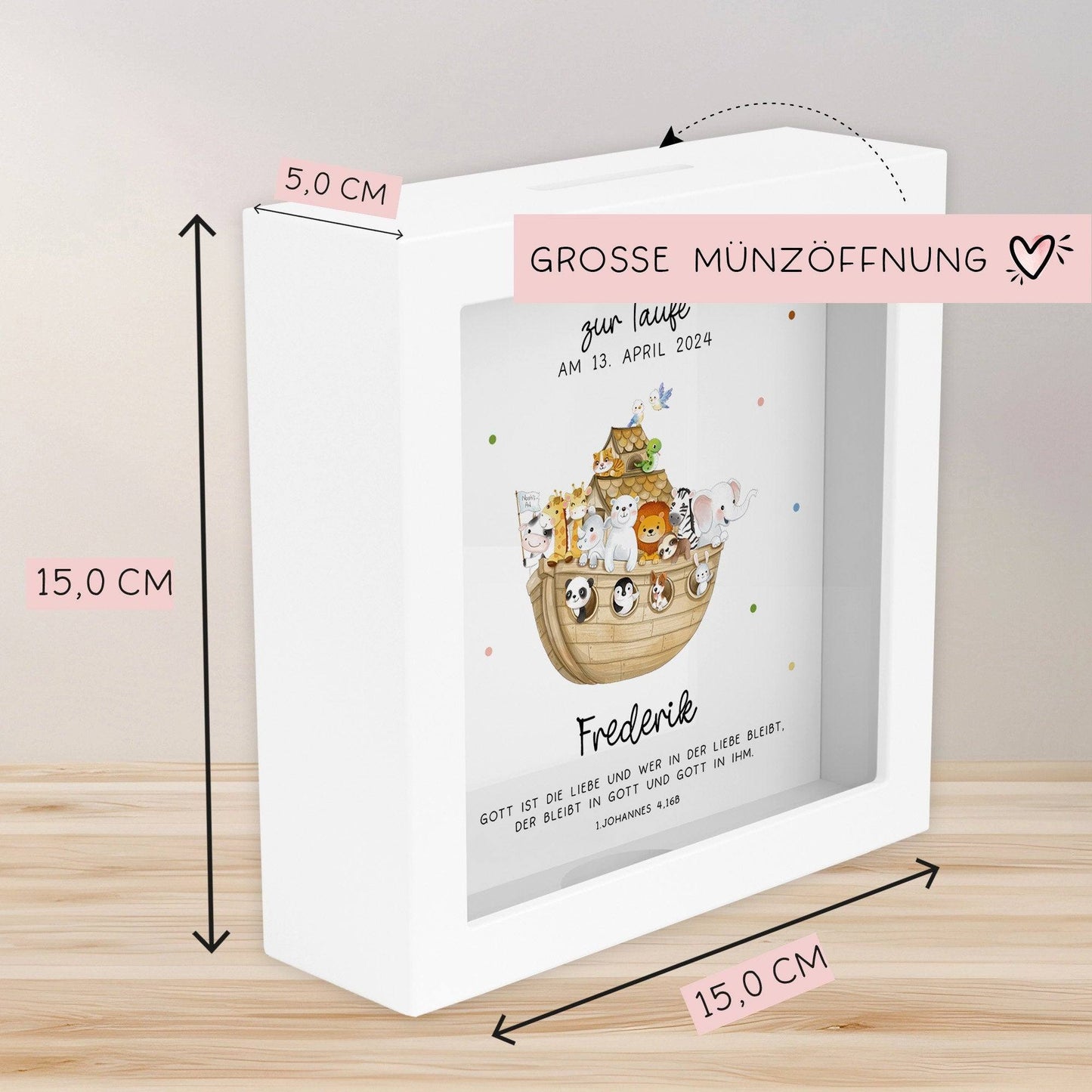 Arche Noah Holz Spardose Taufe personalisiert mit Namen zur Geburt Kommunion Konfirmation eines Kindes mit Taufspruch und als Geldgeschenk kleinebuchstaben