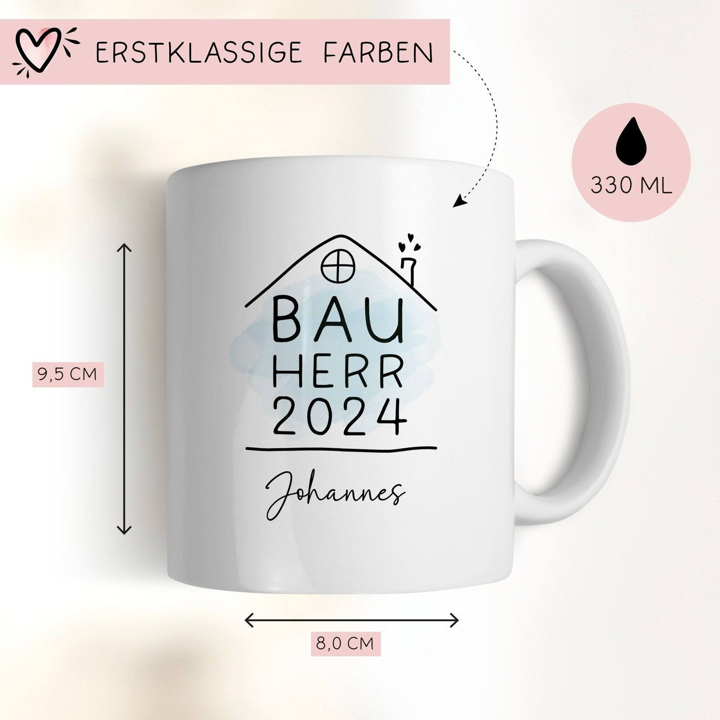 Bauherr Tasse 2024 Name, Richtfest Geschenk, Becher Geschenke zum Richtfest, Geschenkideen zum Hausbau Einweihung Hausbauer -330ml kleinebuchstaben