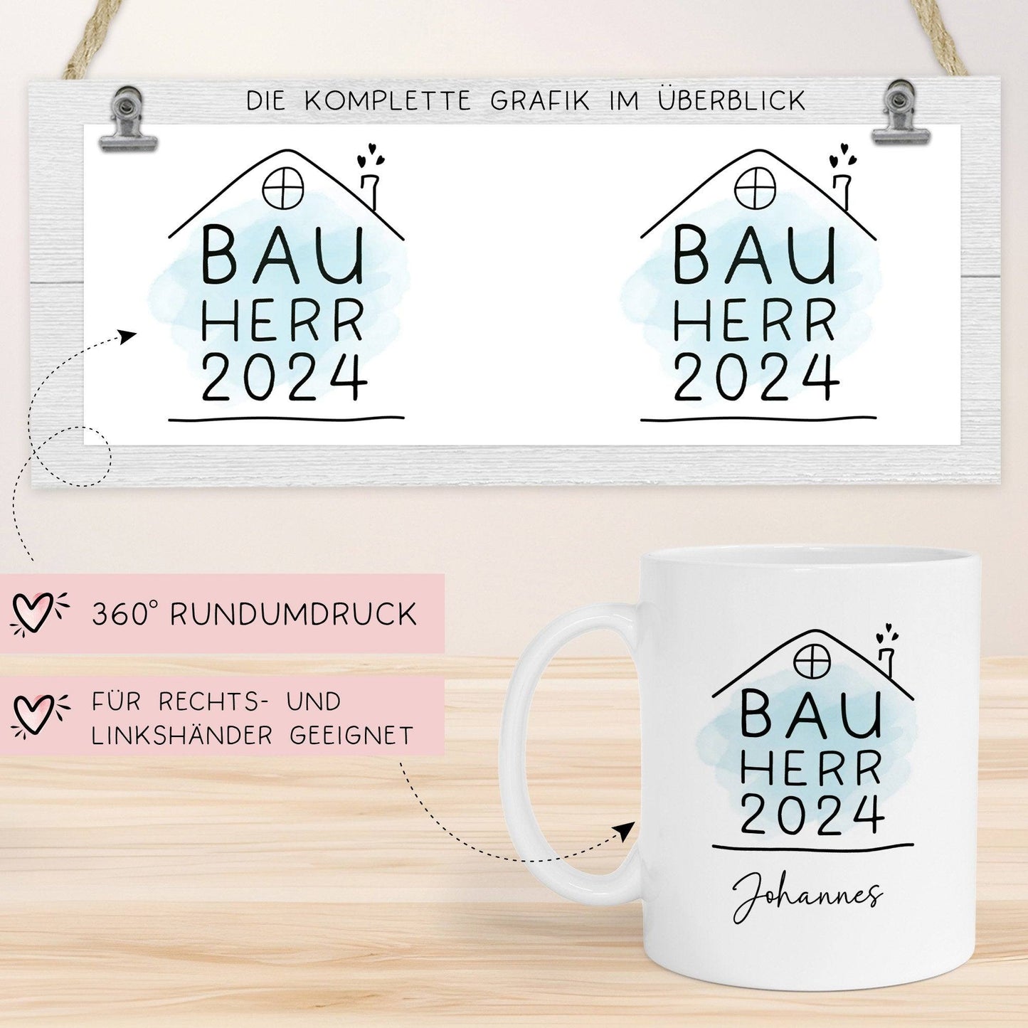 Set Bauherr Bauherrin Tasse 2024 Name, Richtfest Geschenk, Becher Geschenke zum Richtfest, Geschenkideen zum Hausbau Einweihung Hausbauer kleinebuchstaben