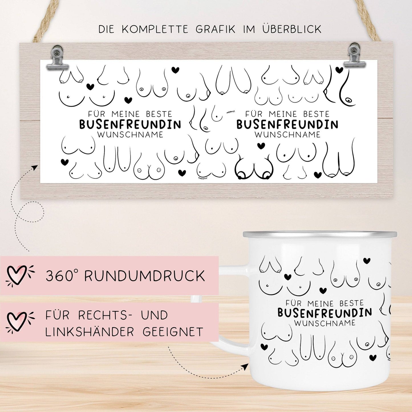 Personalisierte Busenfreundin Emaille Tasse Becher mit eigenen Namen oder Wunschnamen | Für die beste Freundin - BFF - liebste Freundin kleinebuchstaben